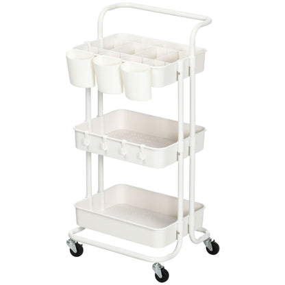 HOMCOM Three-Tier Home Trolley, with Handle and Wheels - White