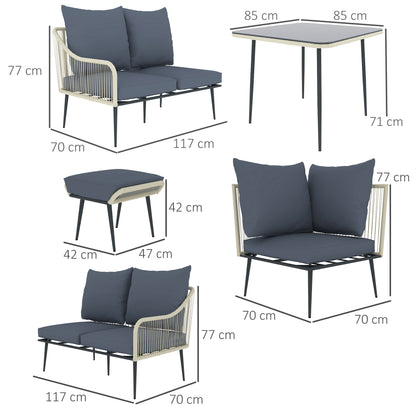Outsunny Six-Piece Rattan Strong Garden Sofa Set with Removable and Washable Covers - Grey