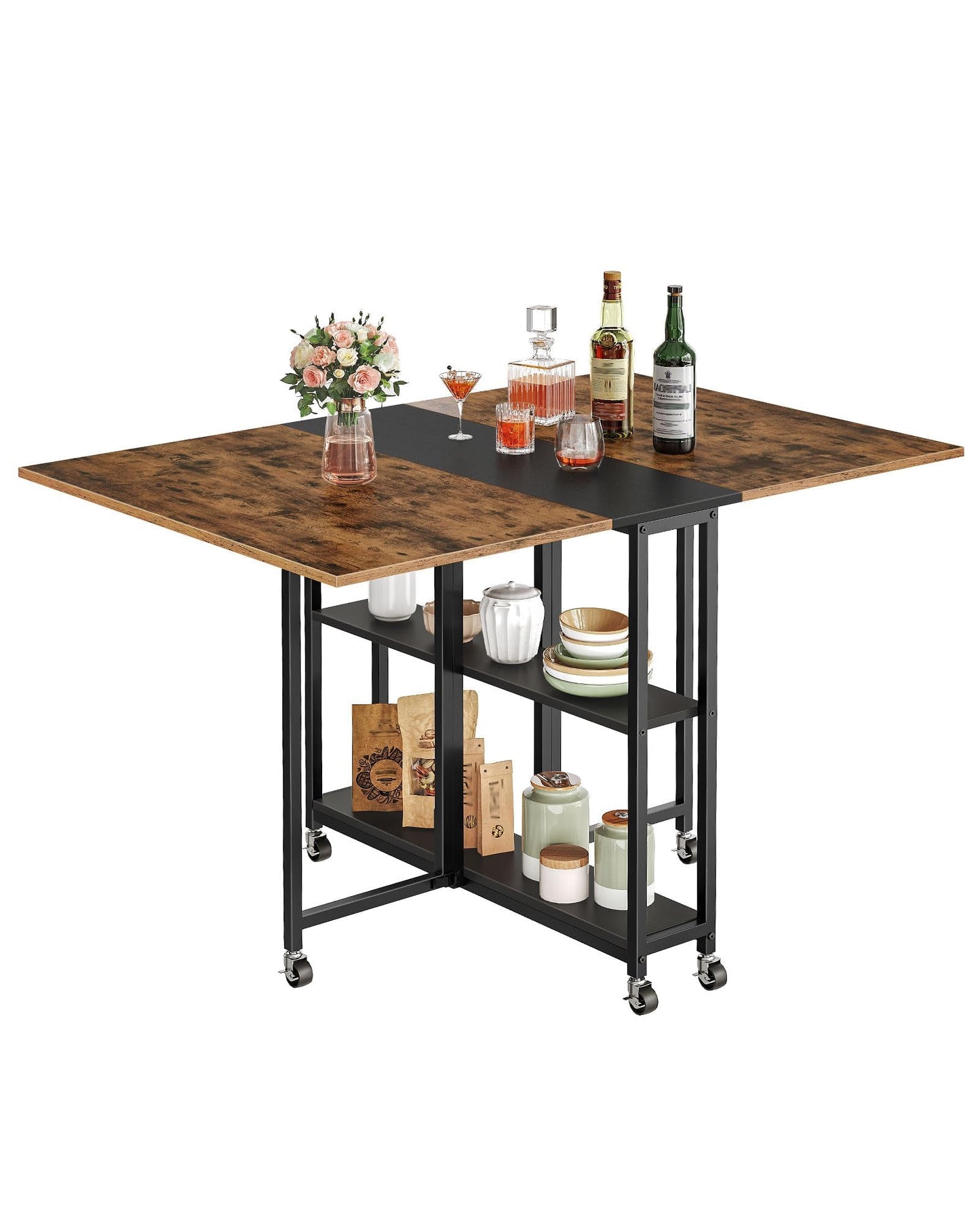 CHOEZON Folding Dining Table, Movable Dining Table, Expandable Kitchen Table, Versatile Breakfast Table with 6 Wheels and 2-Tier Shelf, for Dining