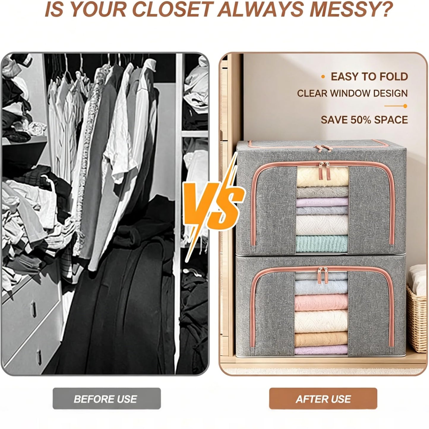 2 Pack Smart Space Storage Boxes,24L Clothes Organiser with Double Opening Zip and Clear Window Sided Zip Top Lid,Foldable Oxford Cloth Box with