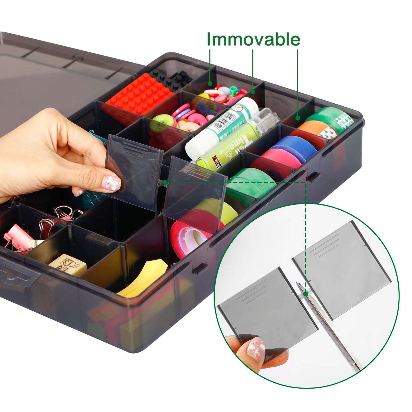 Gbivbe 24 Grids Extra Large Plastic Craft Storage Box, Black Plastic Organizer Container Compartment Bead Storage Box with Adjustable Dividers for