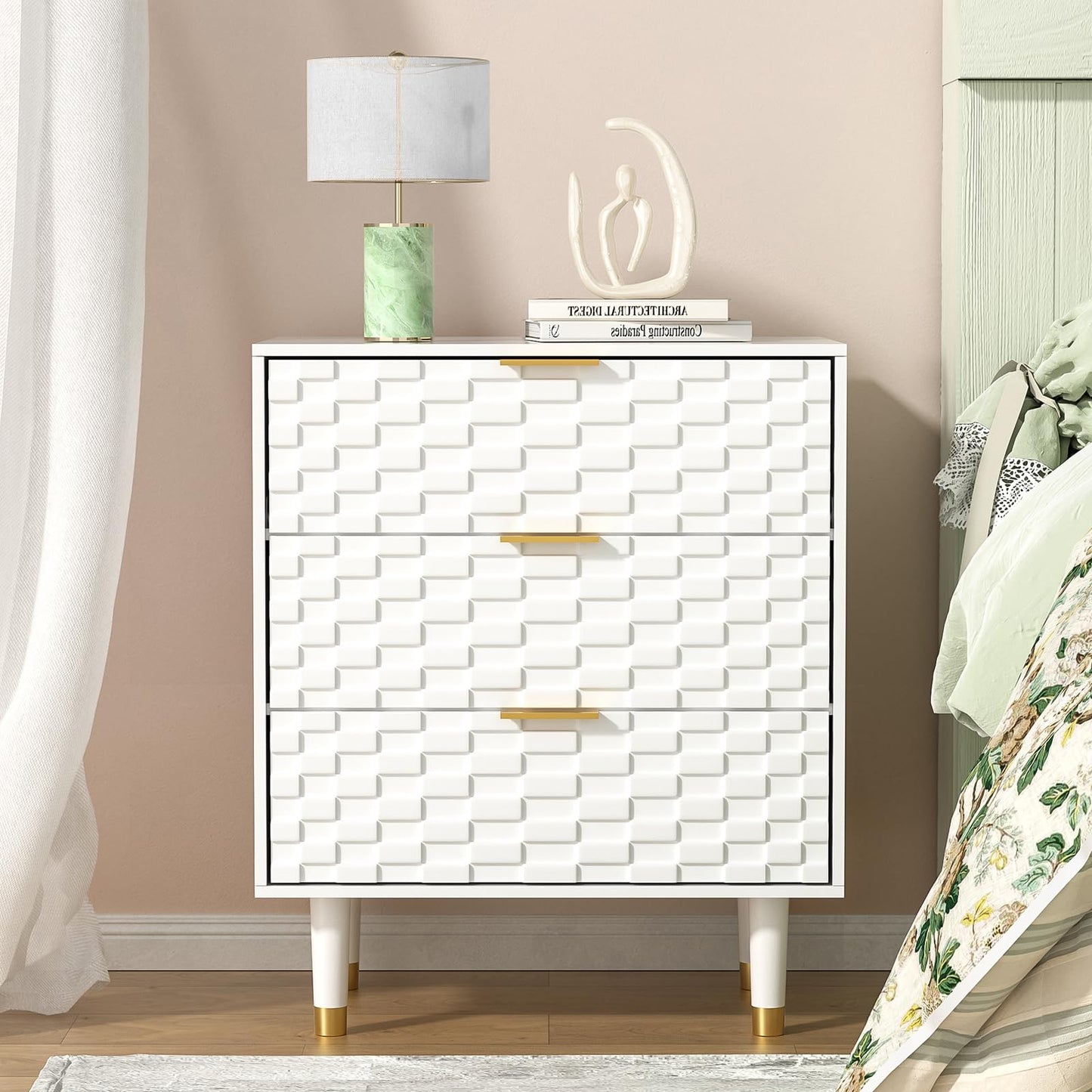 Yvsevnr Bedside Table with 3 Drawers, Bed Side Table for Bedroom, Living Room, Study, Bas-relief Nightstand, Small Chest of Drawers, Anti-Tipping
