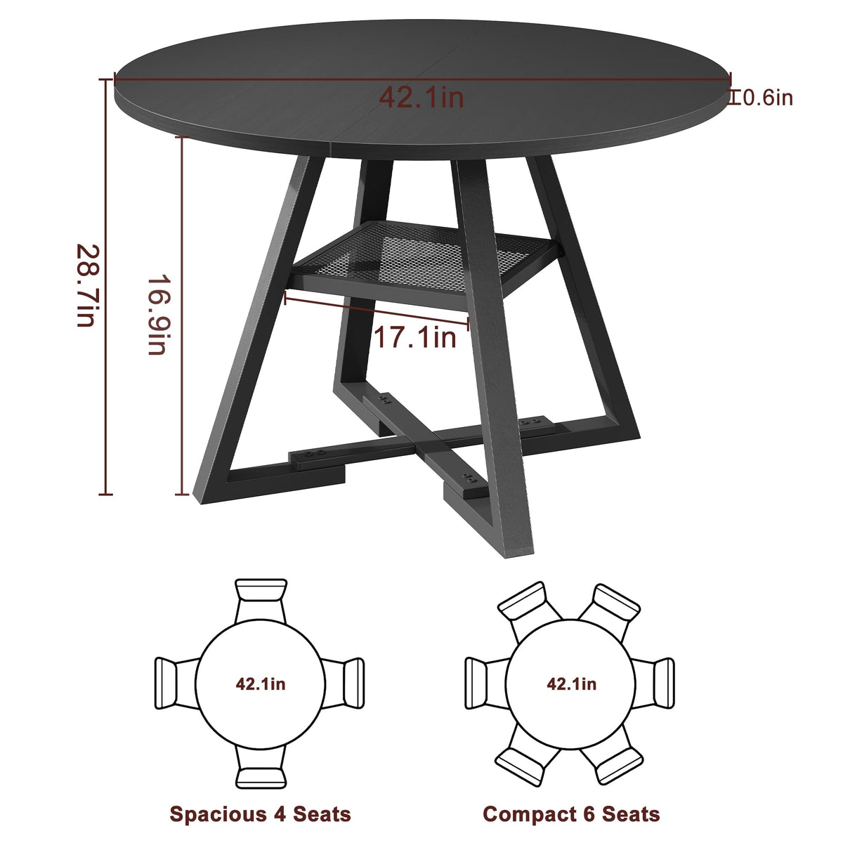 Jocoevol Round Dining Table for 2-4 People, Circle Dinner Table with Shelves, Space Saving Wood Kitchen & Dining Room Furniture (Black, 42 inch