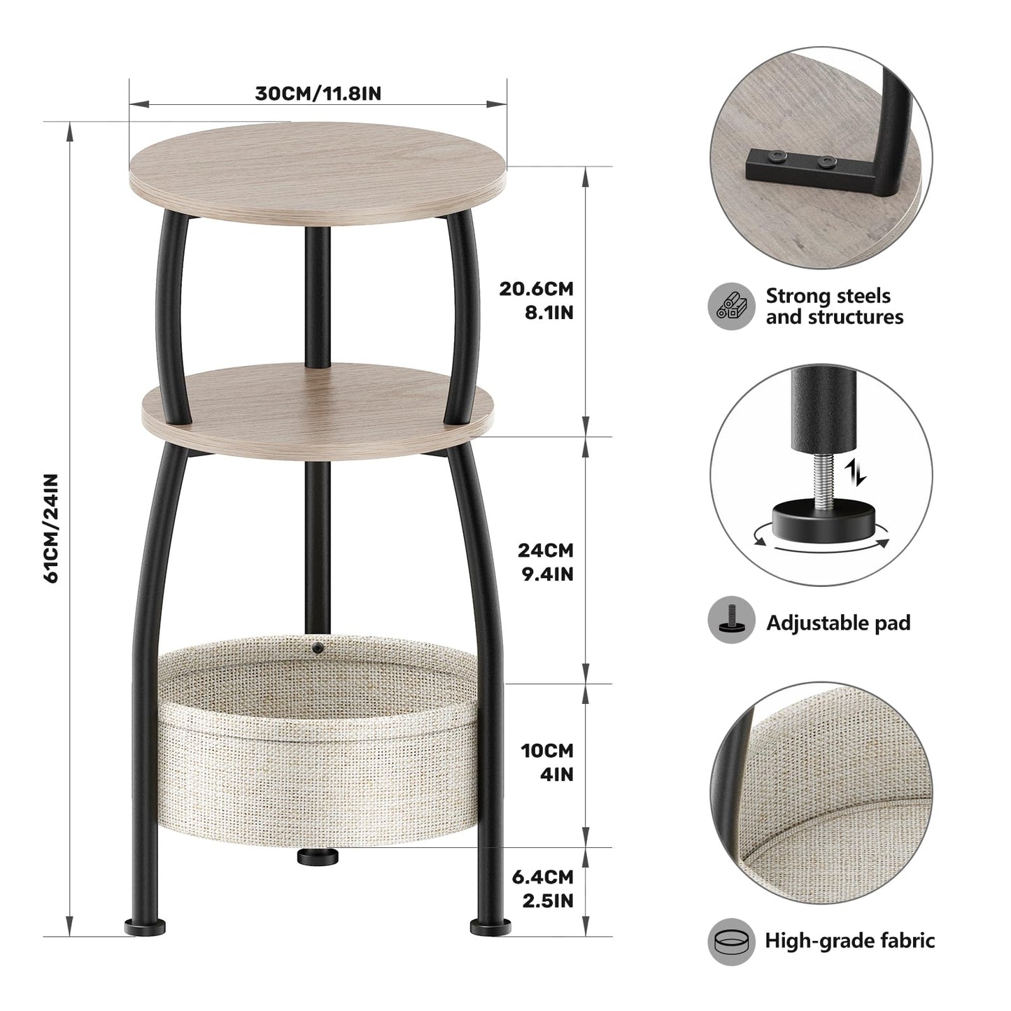 Yuede Round Side Table, 3 Tier Bedside Table, Small End Table with Fabric Basket, Coffee Table for Living Room, Bed Room, Small Space, Easy Assembly