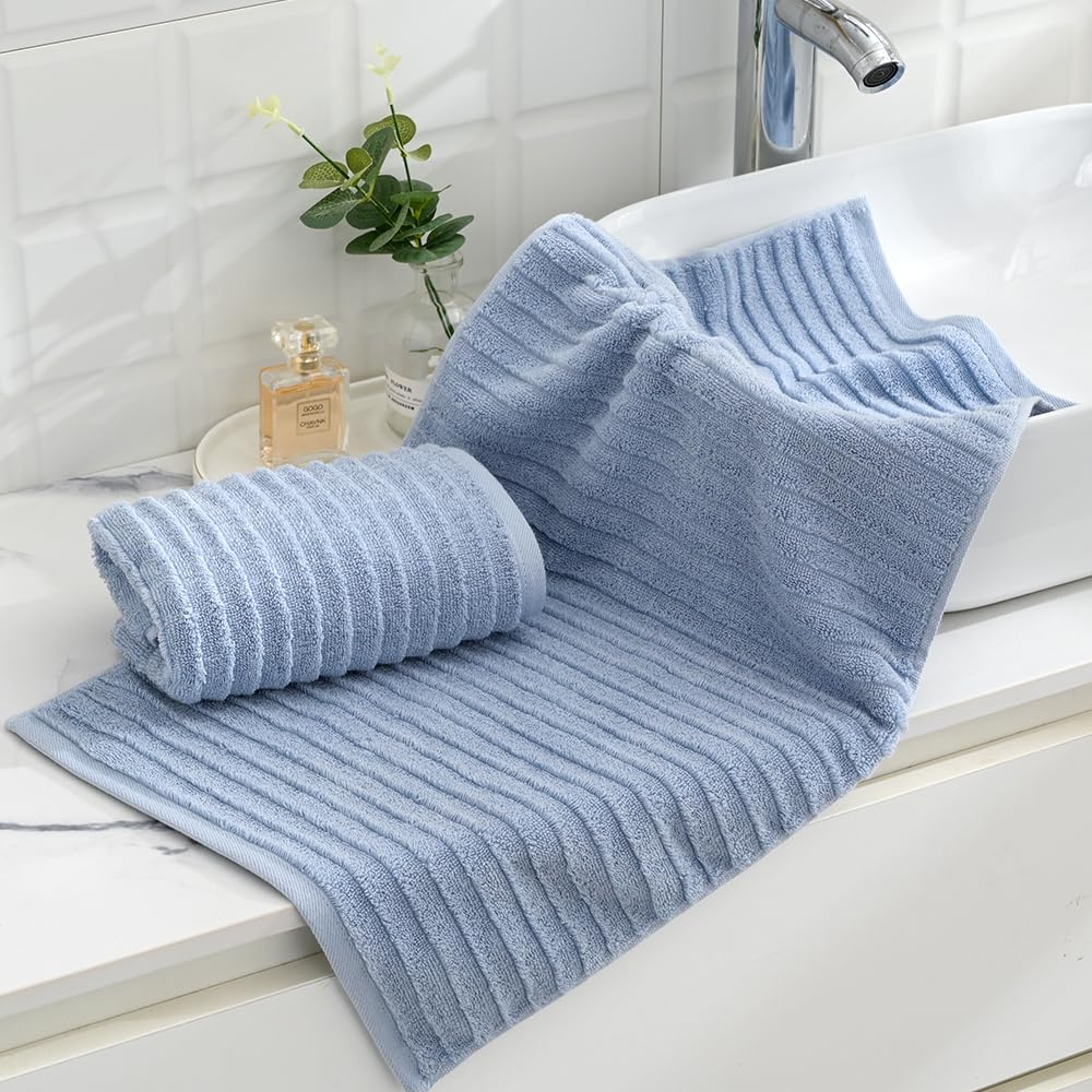 sense gnosis Blue Hand Towel Set of 2 Soft Stereoscopic Ladder Striped Design 100% Cotton Absorbent Luxury Decorative Towel for Bathroom 13 x 29 Inch