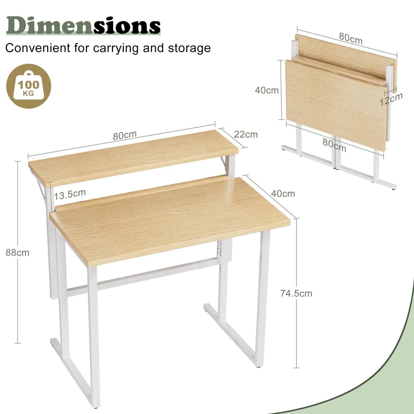 JUMMICO Folding Desk,Small Foldable Desk with Monitor Shelf, 2-Tier Folding Table for Home, Office, School, Computer Desk for Small Space, Beige