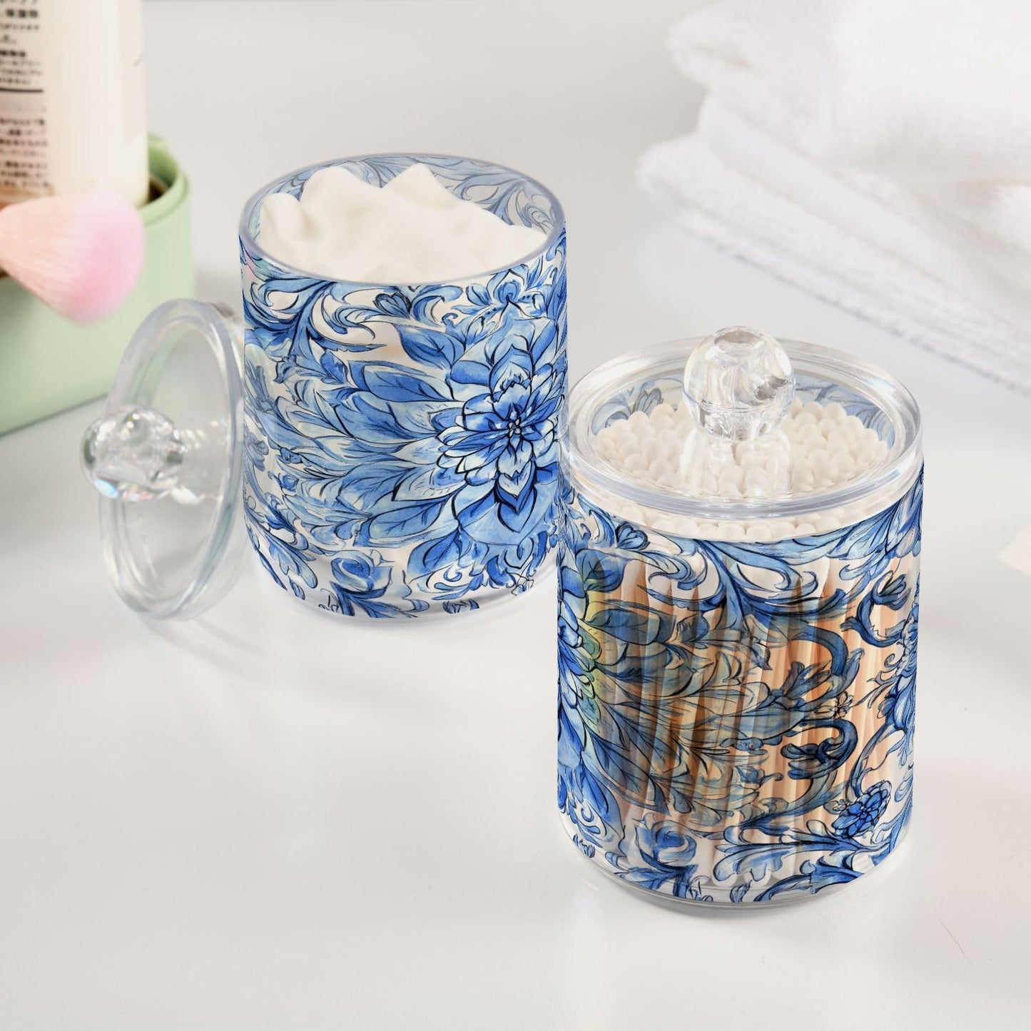 Ewusp White Blue Pattern Qtip Holder 2 PCS Clear Plastic Apothecary Jars with Lid Cotton Pad Holder Dispenser Cotton Bud Holder Bathroom Storage