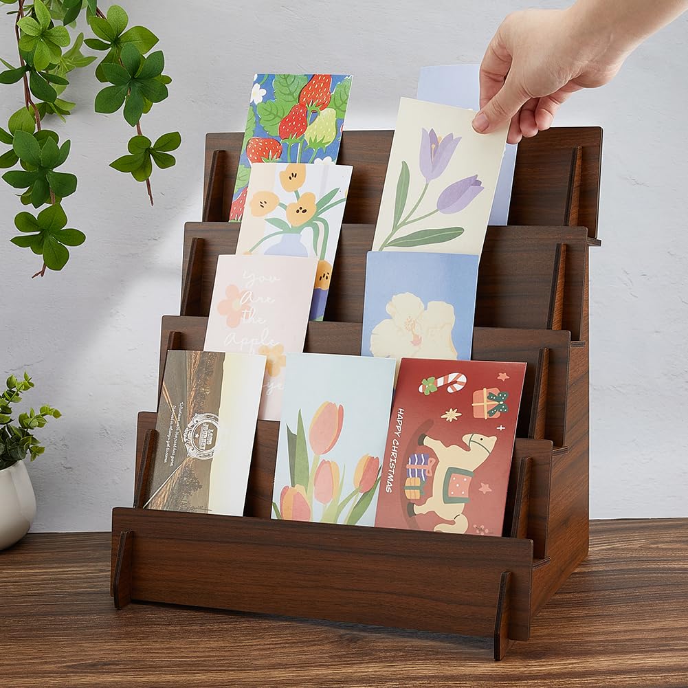 DICOSMETIC 4-Tier Greeting Card Display Stand Wooden Sticker Display Stand Card Stands 35x23.6x35cm Jewelry Organizer Holder Brown Earring Display