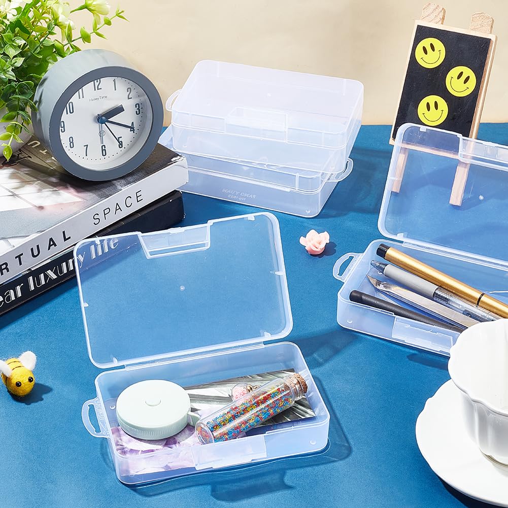 BENECREAT 4 Pack 16x9x4cm Large Clear Plastic Box Container Clear Storage Organizer with Hinged Lid for Small Craft Accessories Office Supplies Clips