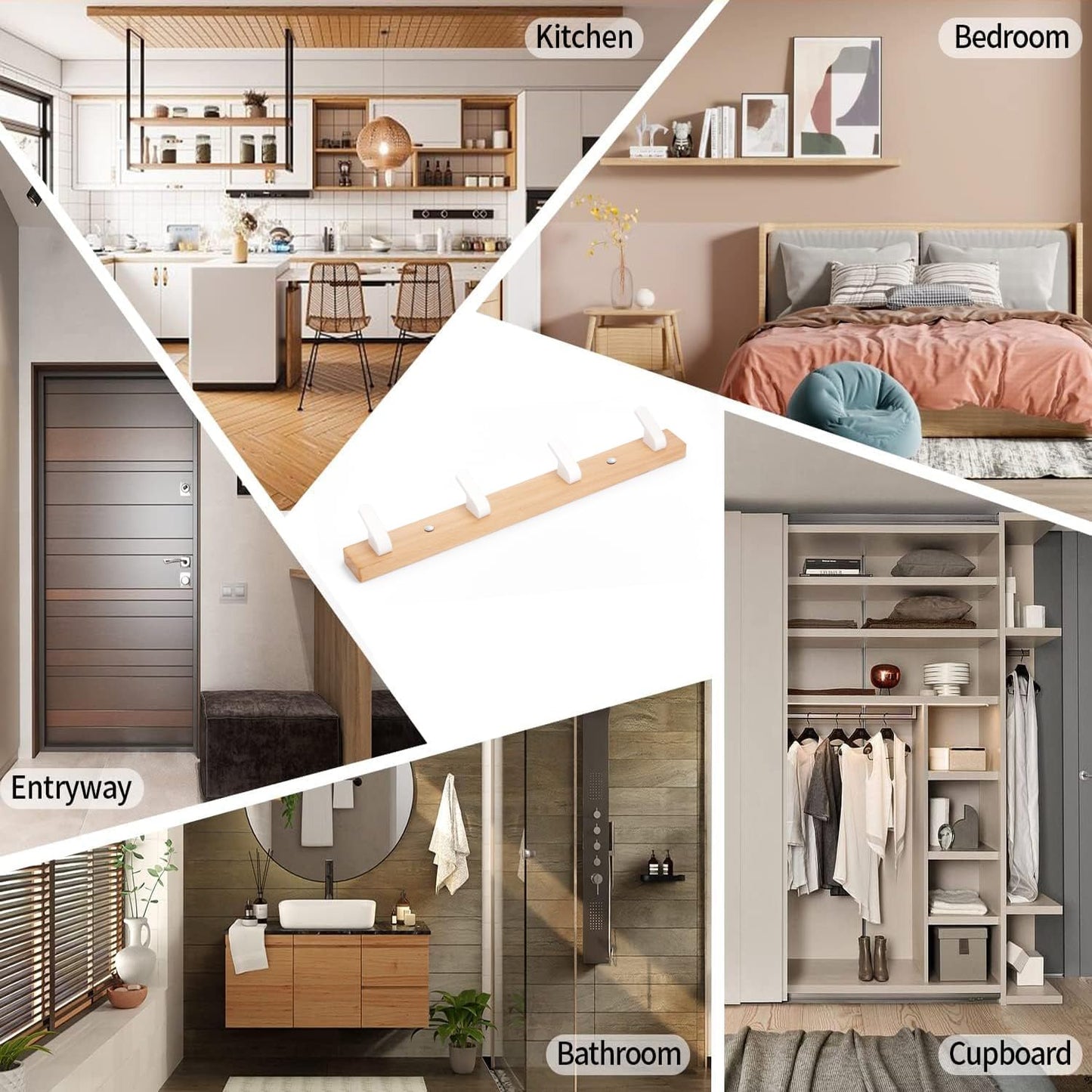 SARIHOSY 5 in 1 Row Clothes Rail Wall Mounted Towel Holder, Coat Rack for Wall Wooden Bar White Wooden Coat Pegs Wall Mounted Decorative Coat Rack
