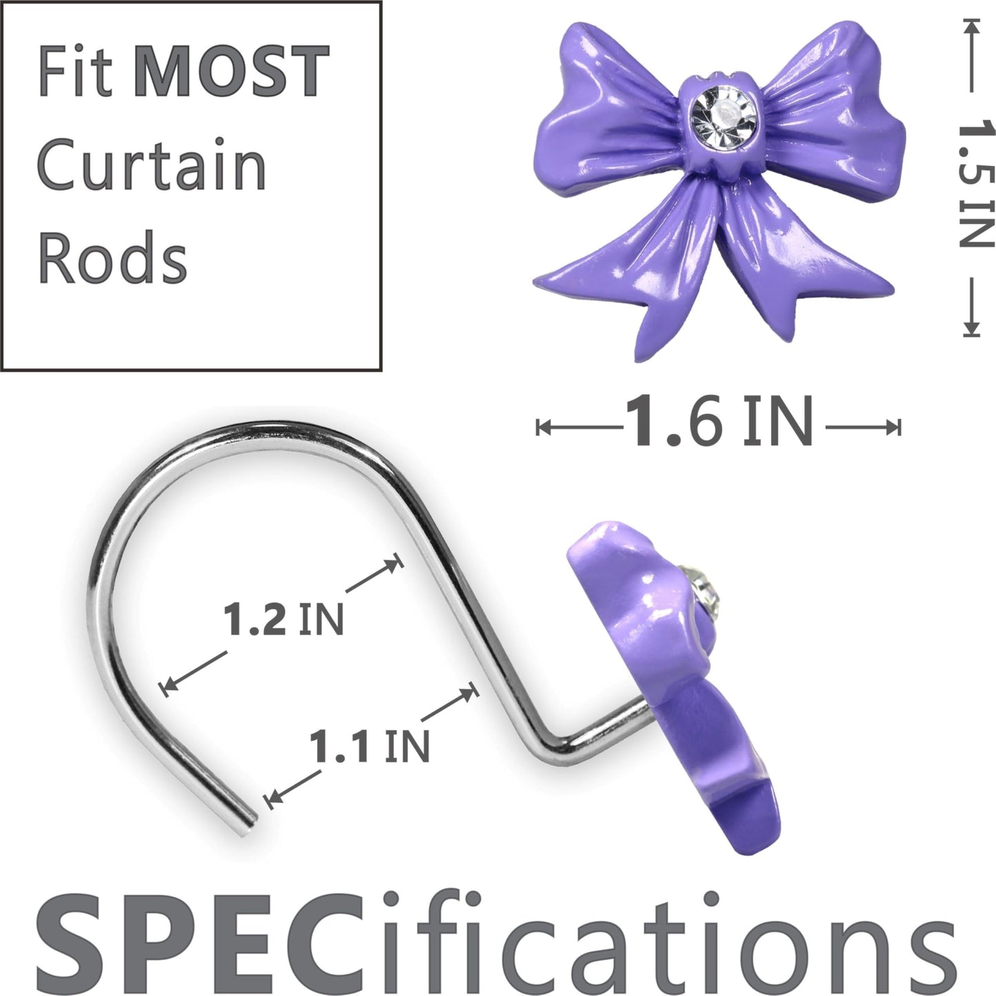 Purple Bow Shower Curtain Hooks: Decorative Bathroom Curtain Rings, 12Pcs