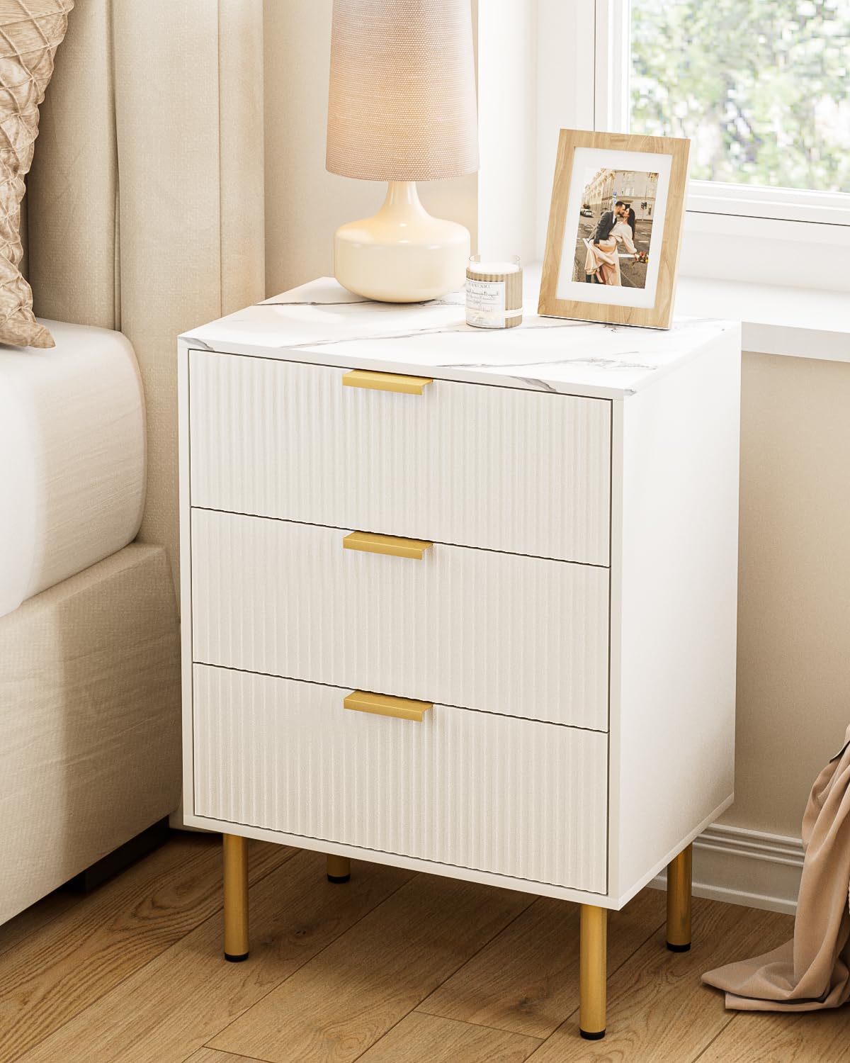 Apetaccat Bedside Table with 3 Drawers, Modern Bedside Cabniet with Metal Legs, Fluted Nightstand, Side Table for Bedroom, Living Room, Office, White