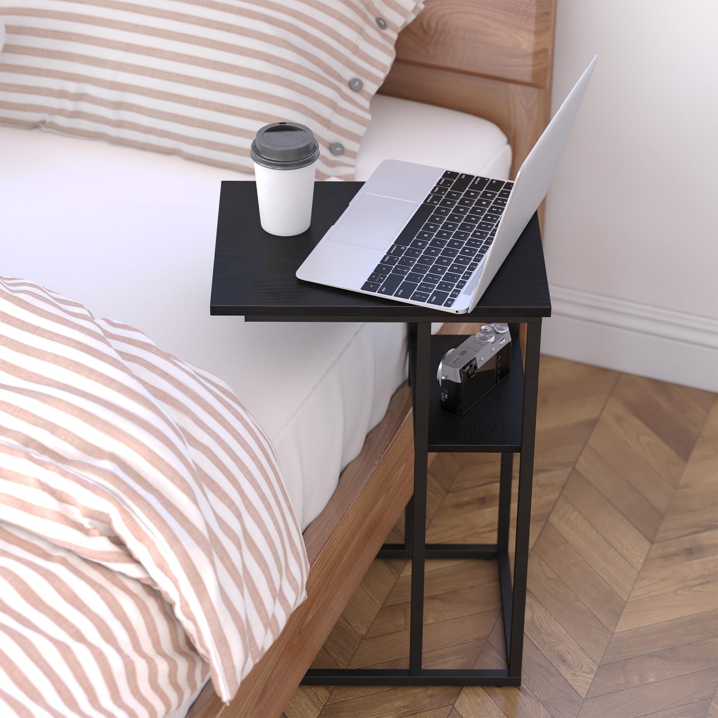 Yusong C Shaped End Table, 2 Tier Side Tables Slide Under Sofa Couch Bed, Small TV Tray Bedside Table for Small Spaces, Living Room, Bedroom, Black
