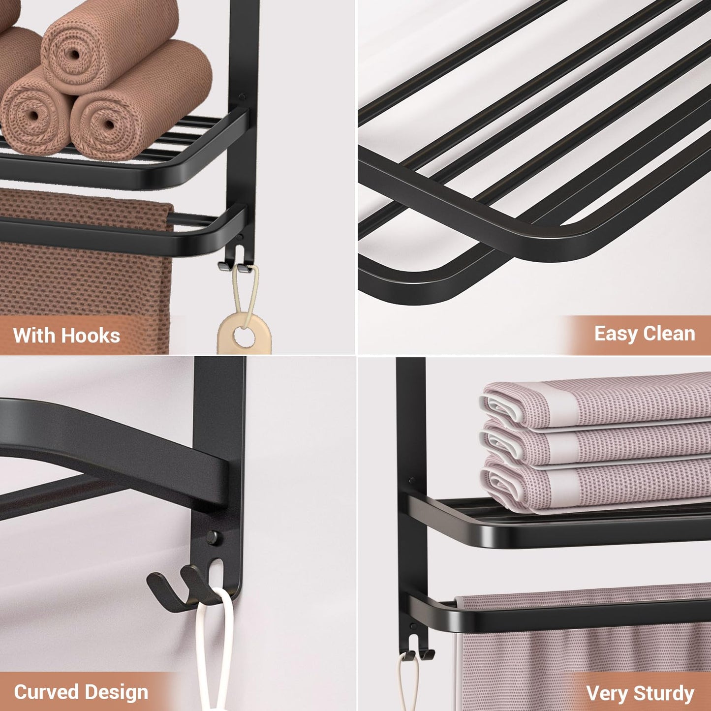 DDS-DUDES 3-Tier Black Towel Racks for Bathroom with Towel Bars Multilayer Hotel Towel Shelf Stainless Steel Wall-Mounted Matte Finished Holder with