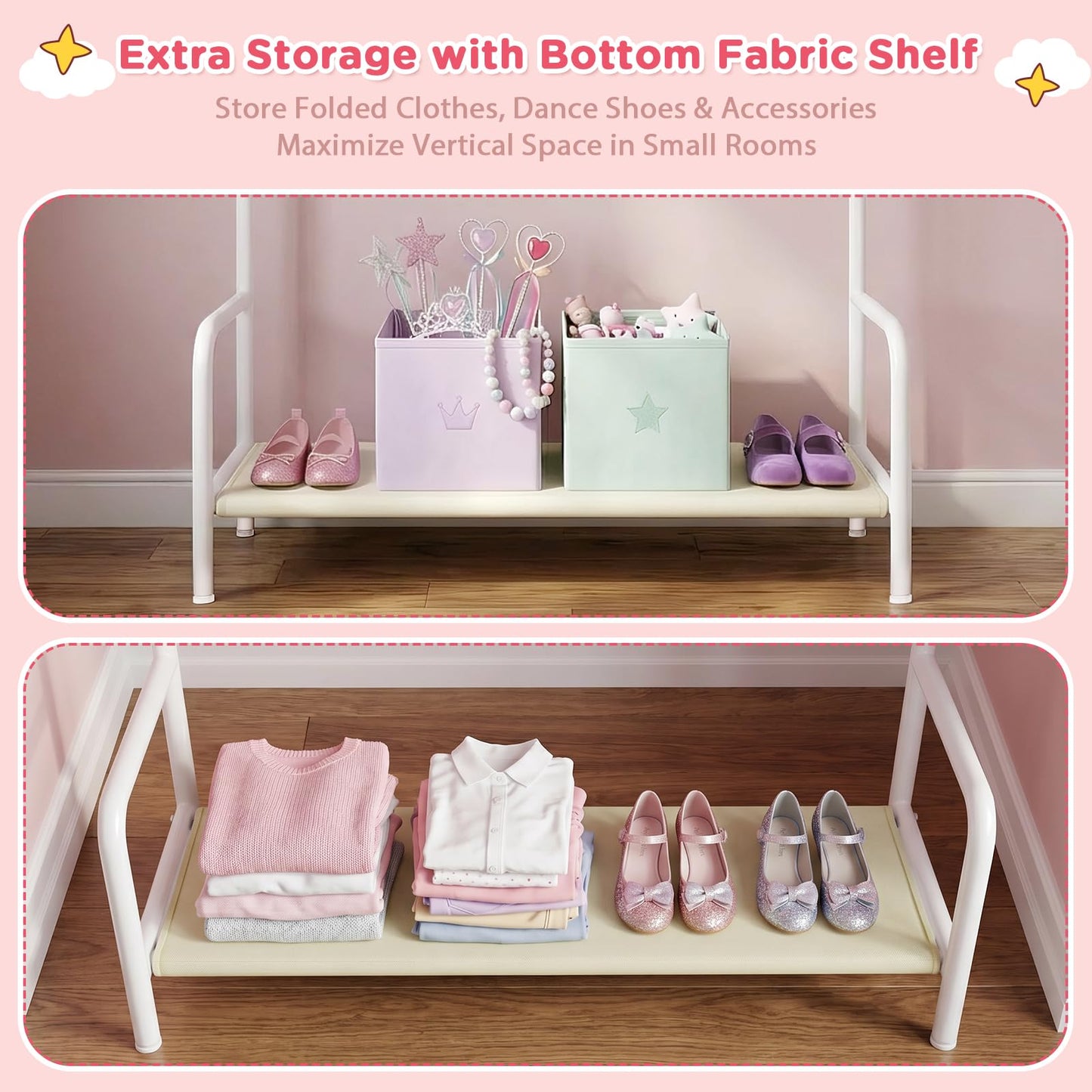 KEEGH Double Rod Kids Clothes Rail with Storage Shelf for Bedroom Playroom