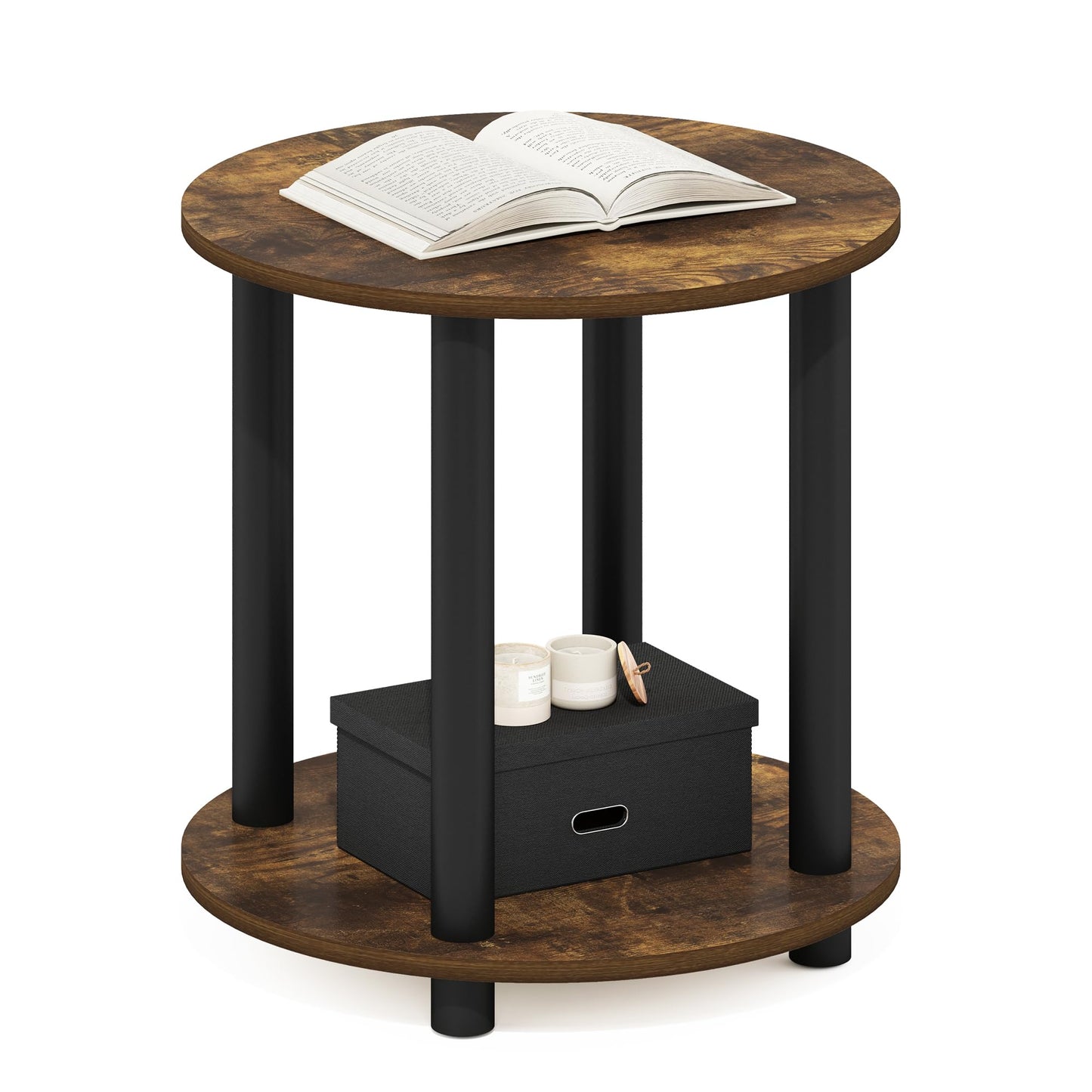 Furinno TURN-N-TUBE Side Table, 2-Tier Small Round End Table with Open Shelf, Toolless Assembly Night Stand, Bedside Table, for Living Room, Bedroom