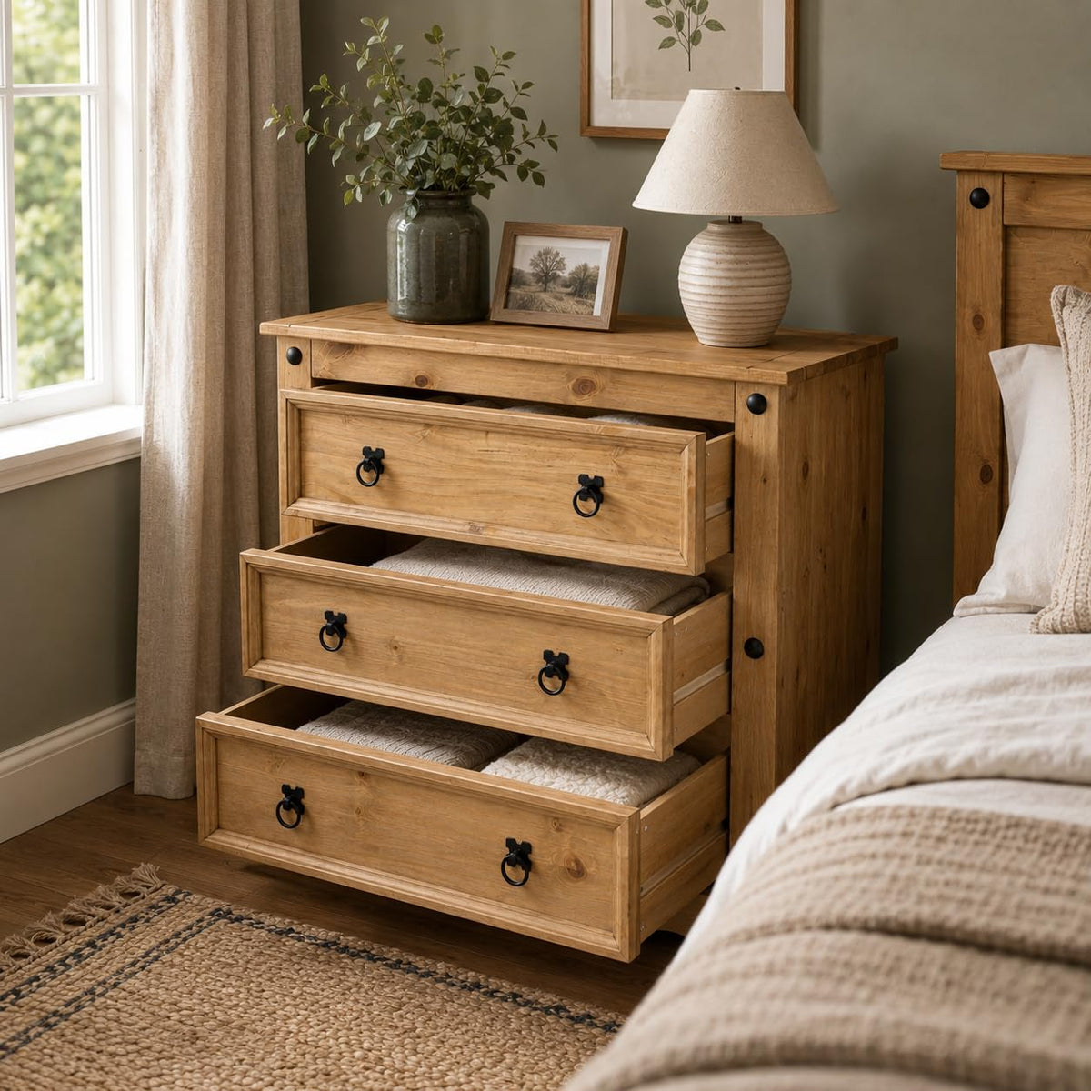 Corona Chest of Drawers 3 Drawer Mexican Solid Pine Wood Natural Wax Finish Black Metal Hardware