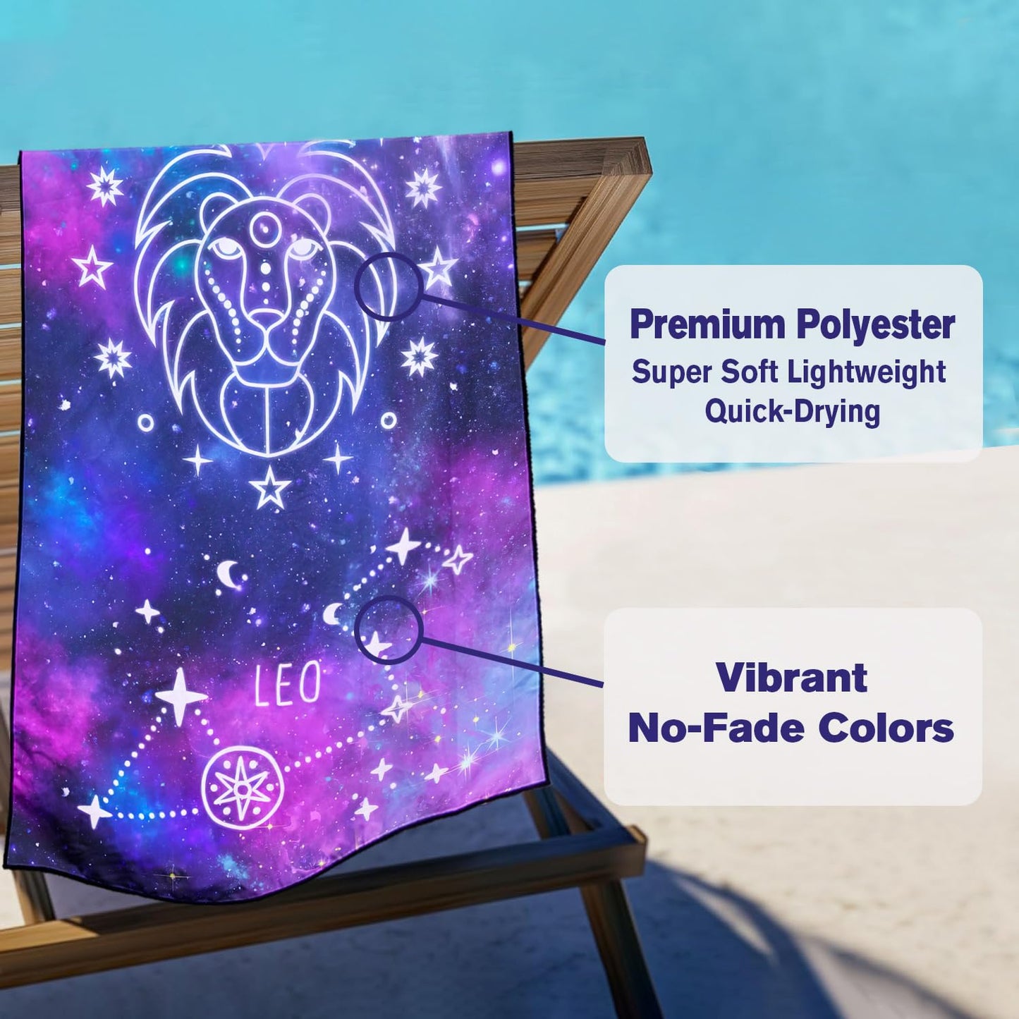 Violetpos Leo Zodiac Sign Beach Towel for Astrology Fans, Extra Large 180x90 cm 250GSM Microfibre, Sand Free Quick Dry