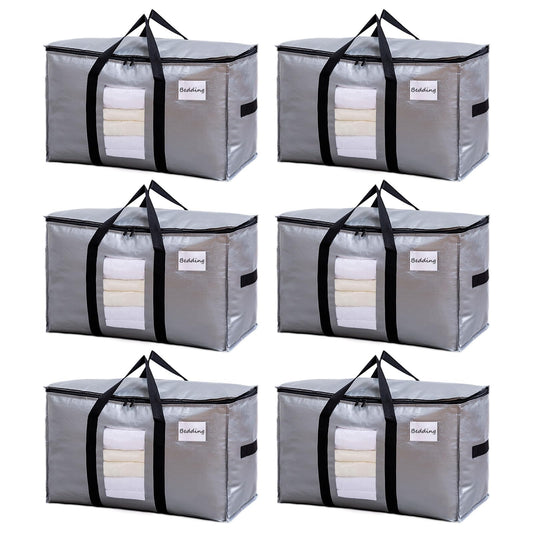 TAILI Moving Bags Heavy Duty with Zips Extra Large 6 Pack,Clear Window & Reinforced Handles,Silver Storage bags for Clothes, Beddings,Travel,Moving