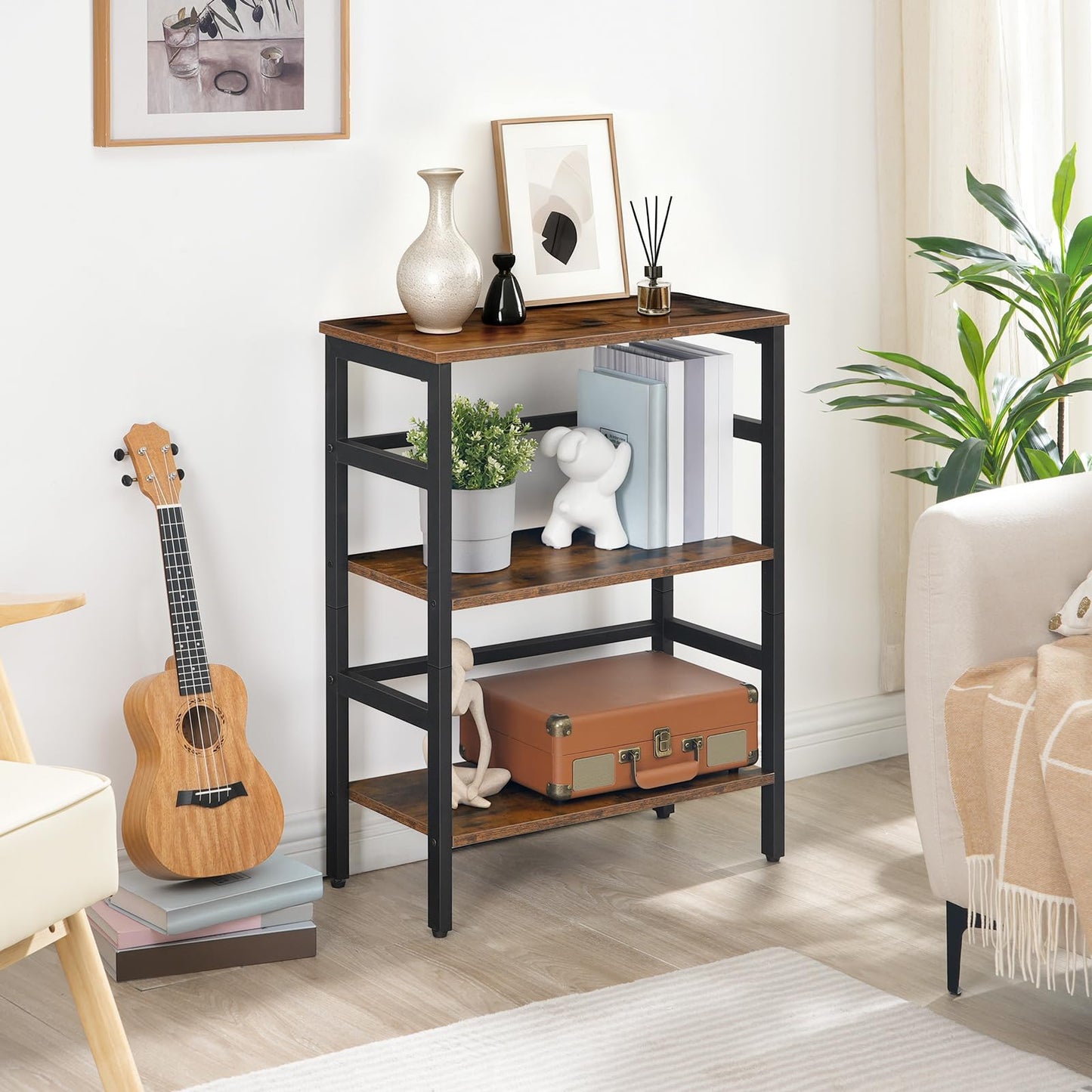 HOOBRO Tall Side Table, Record Player Stand, 3-Tier End Table, Plant Stand, 3-Layer Bookshelf, 60 x 30 x 81 cm, Industrial, for Living Room, Bedroom