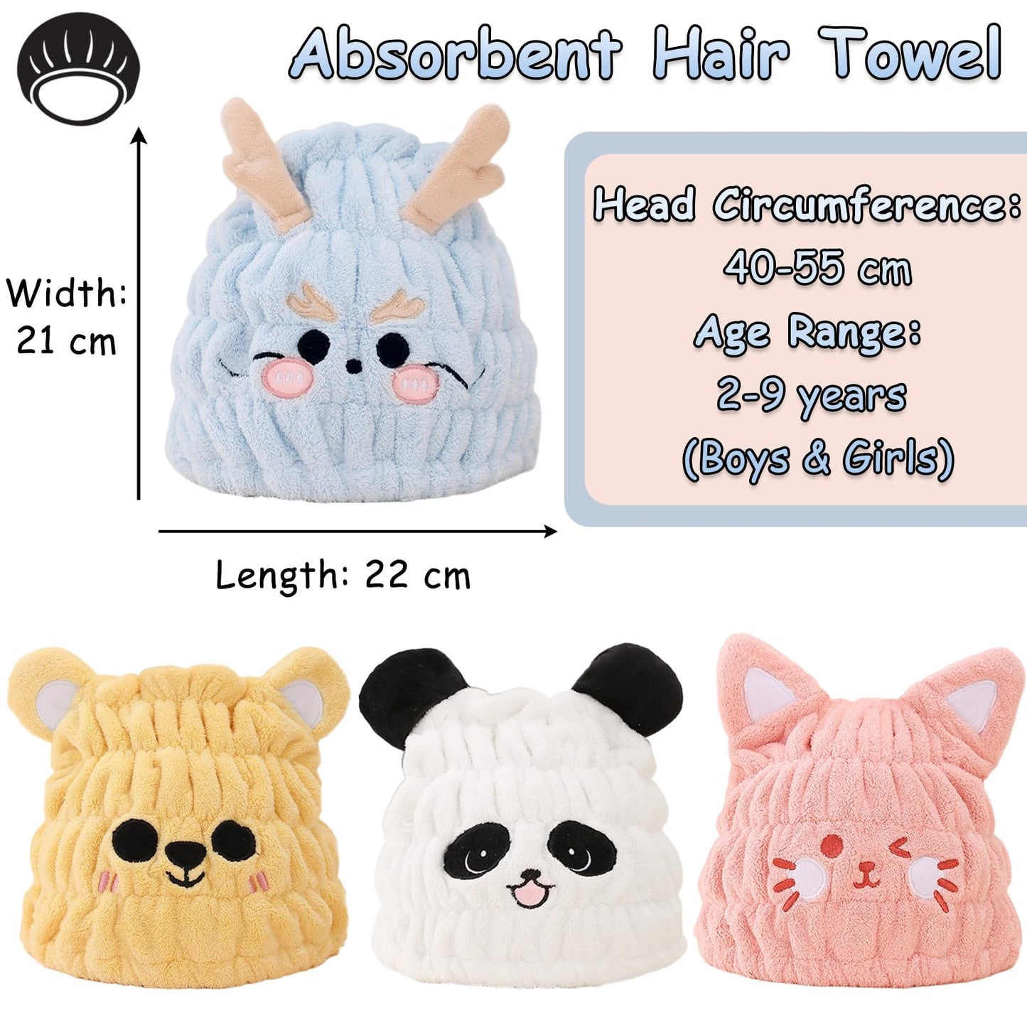 Kids Absorbent Hair Towel Wrap Soft Coral Fleece Hair Drying Wrap Towel Hat for Girls 2-9 Years Cute Cartoon Hairs Drying Turban Towels Quick Dry