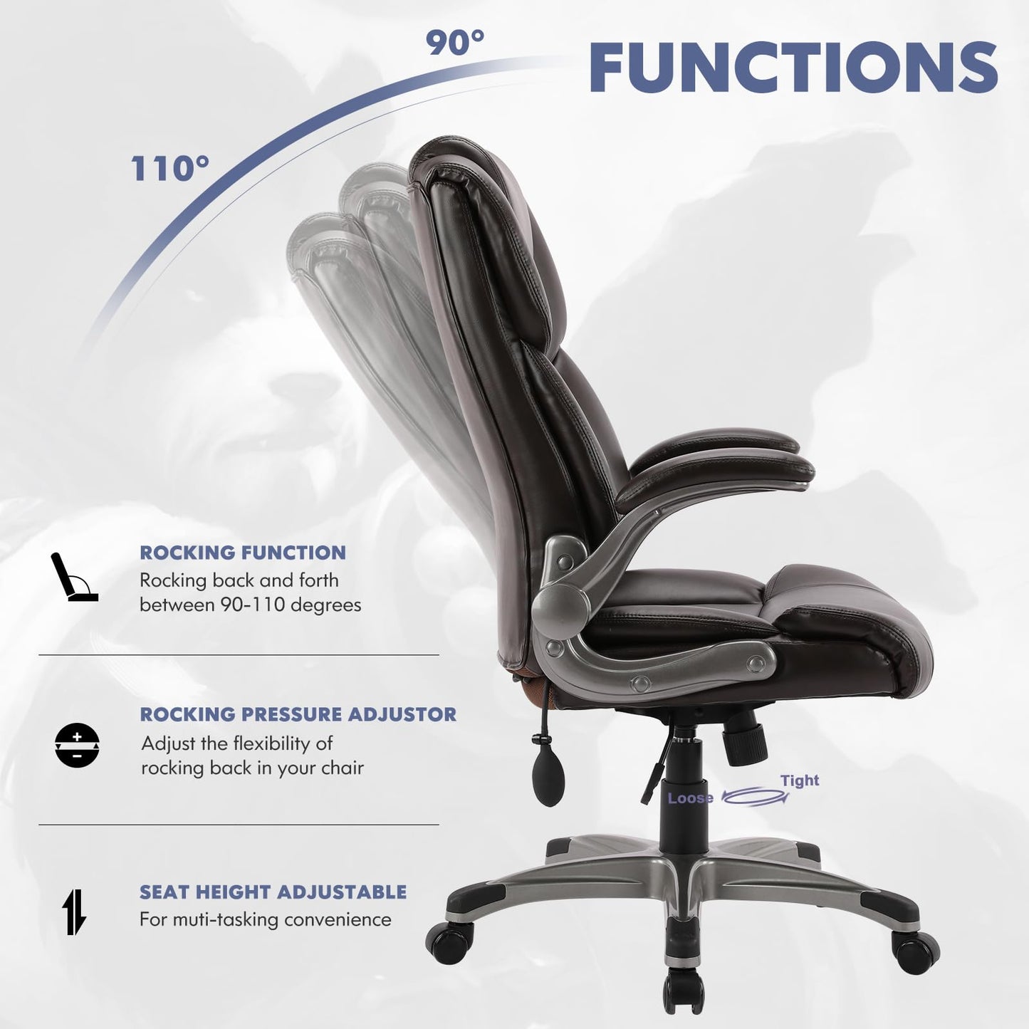 COLAMY High Back Executive Office Chair- Ergonomic Home Computer Desk Leather Chair with Padded Flip-up Arms, Adjustable Tilt Lock