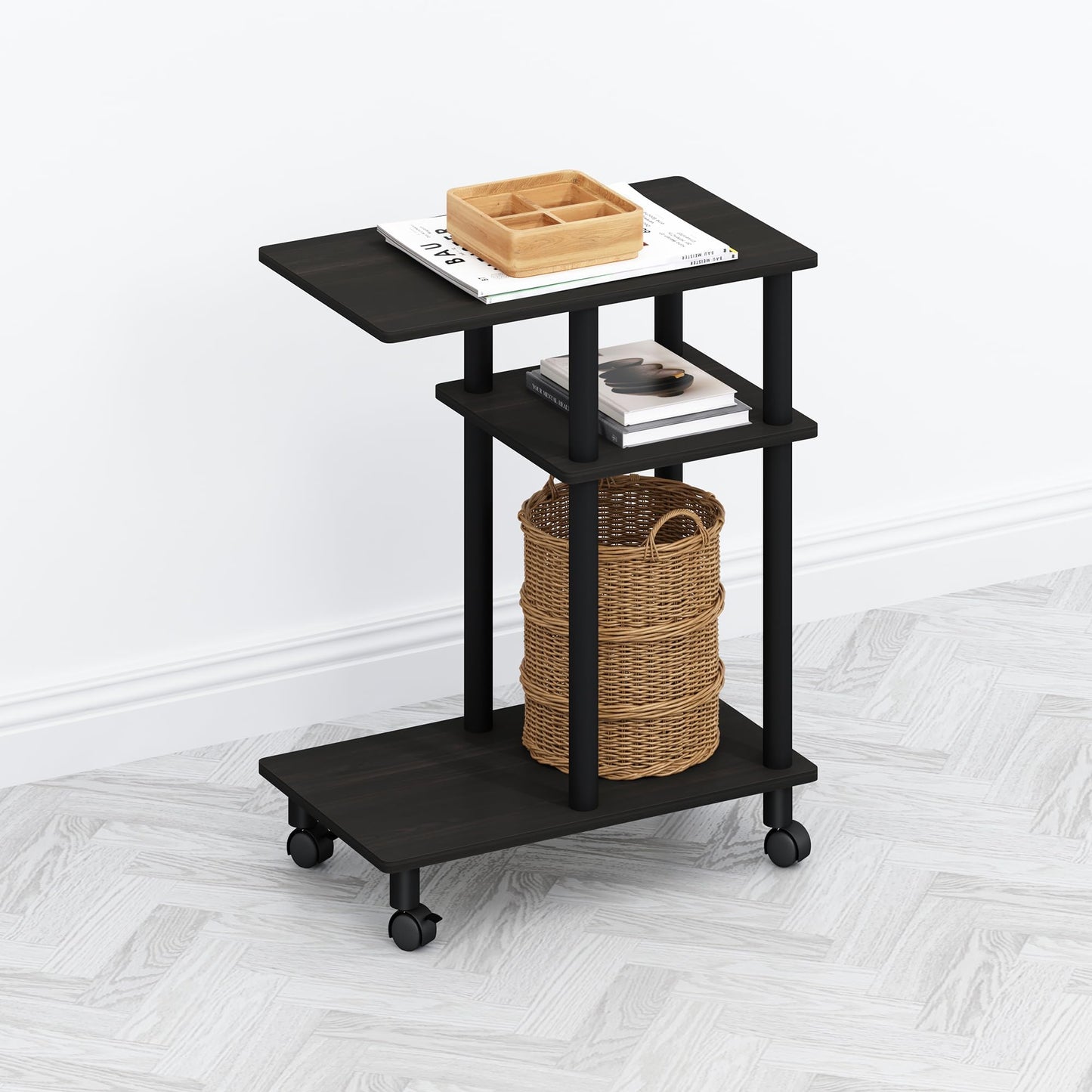 Furinno TOMI Side Table, 3-Tier C-Shape Open Shelf End Table with Wheels, Night Stand, Bedside Table, Toolless Assembly, for Living Room, Bedroom