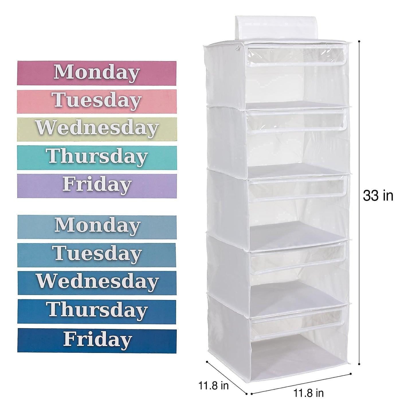 Three Sweet Peas Co 5-Shelf Weekly Clothes Organizer for Kids (33”) Weekday I School Day of The Week Monday Through Friday Organizer, White