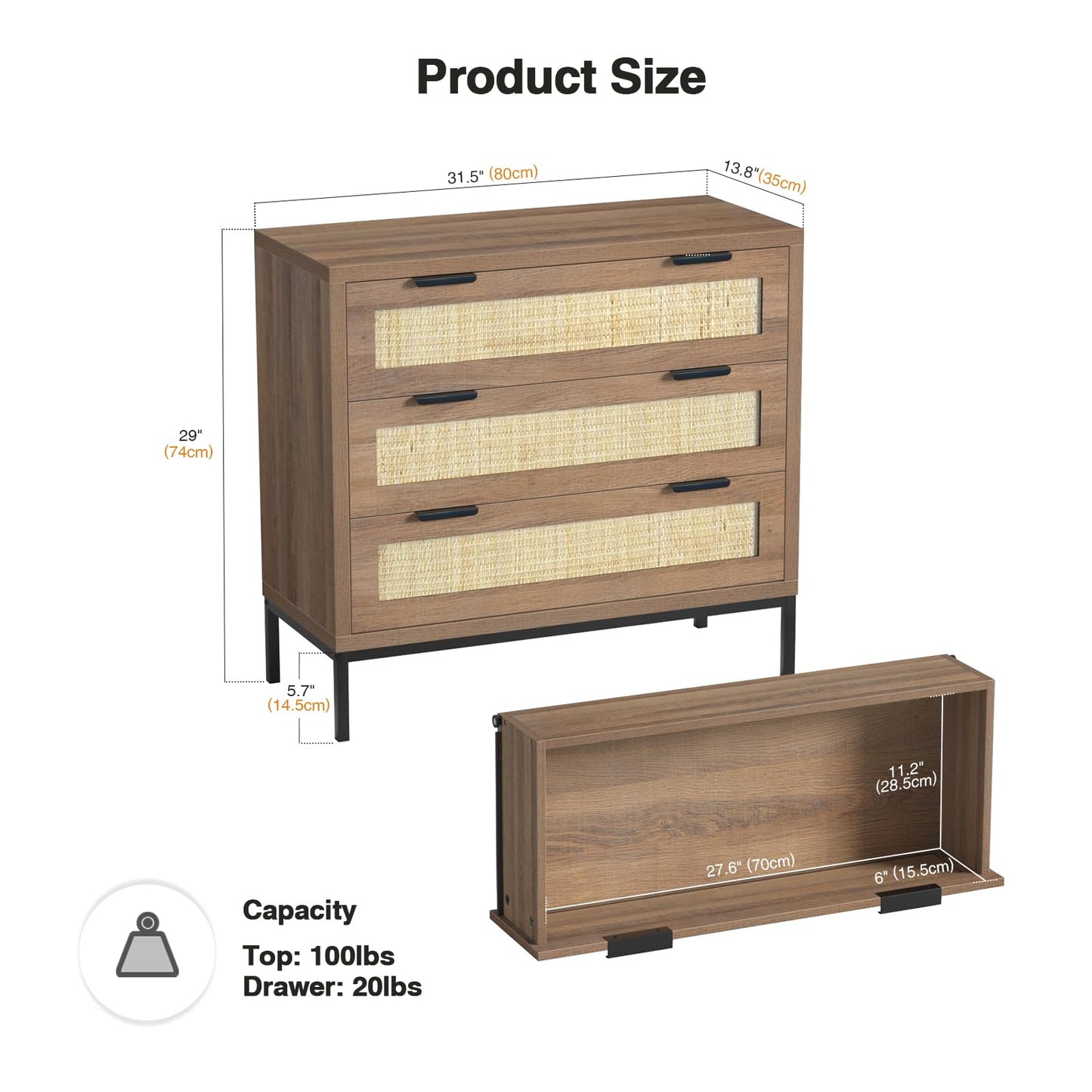 Yvsevnr Rattan Dresser for Bedroom Drawers for Clothes, Anti-Tipping, Wooden Closet Dressers Large Nightstand Bedside Storage Cabinet Unit with Metal