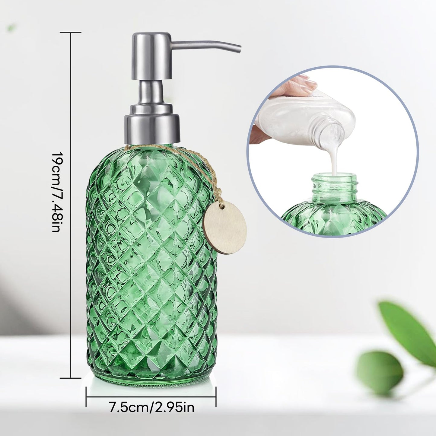 Topsky Glass Soap Dispenser with Silver Metal Pump 400ml Green