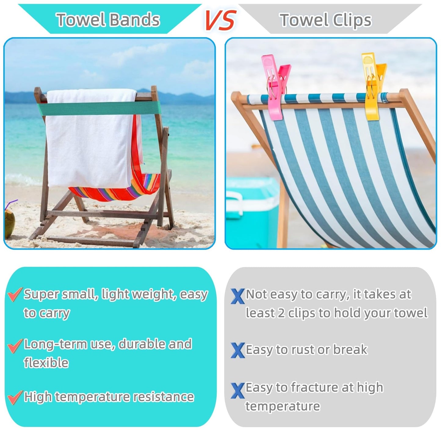 4 Pack Towel Bands, Beach Towel Clips for Pool & Cruise Chairs Elastic Sunbed Towel Craber Windproof Towel Holder Strap for Beach Chair