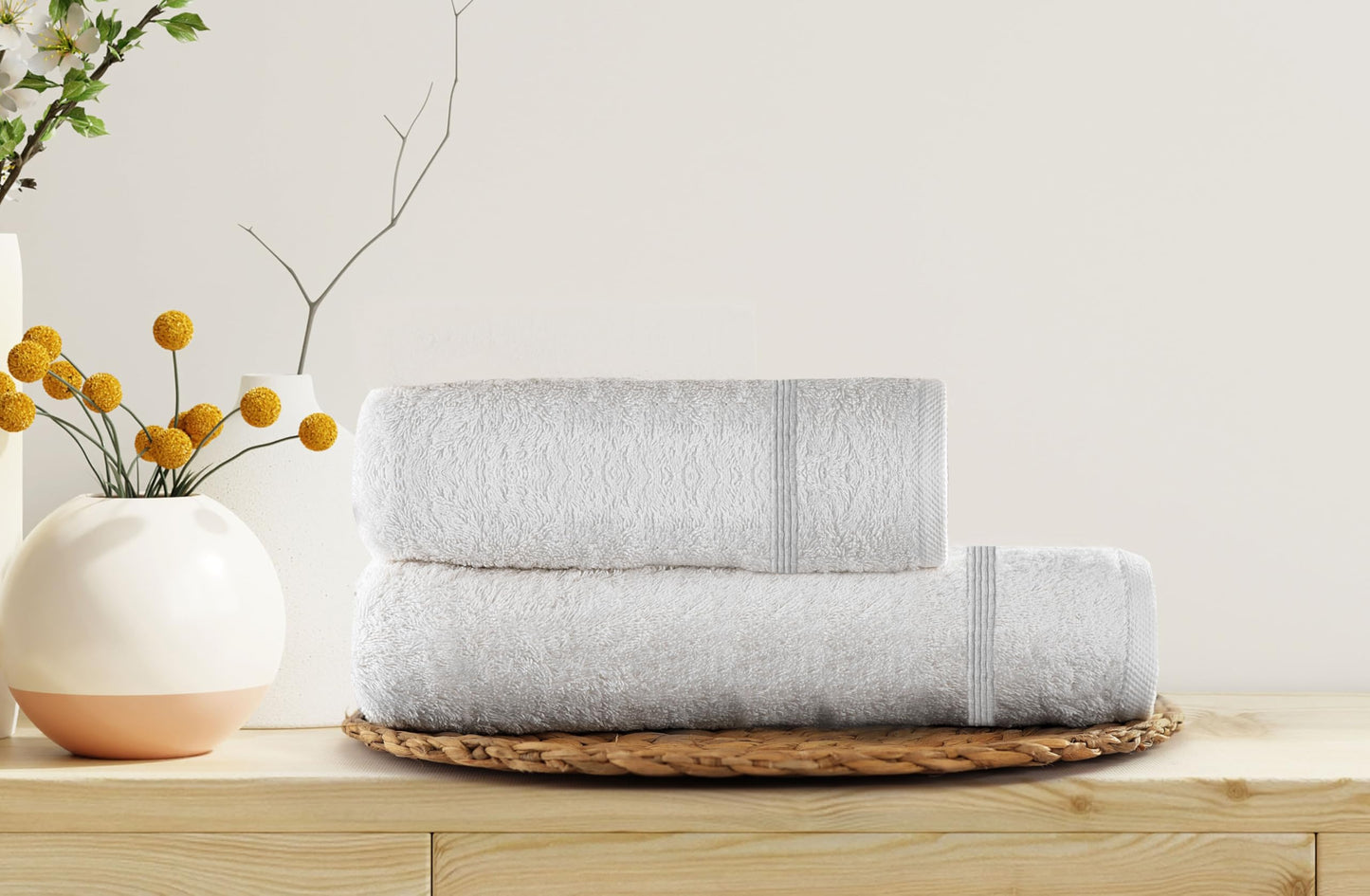 zer0bed, Lilac Bath Towels, Set of 2 Bath Towels, Face Towel, Bidet Towel, Plain Colour, White, 100% Cotton, Set of 2