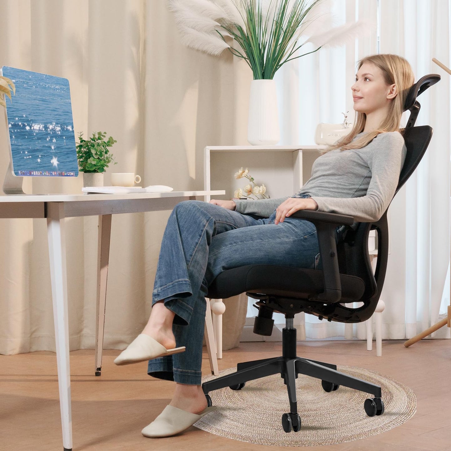 Durrafy Office Chair, Desk Chair with Adjustable Headrest, Lumbar support and Liftable Armrest, High Back Ergonomic Office Chair