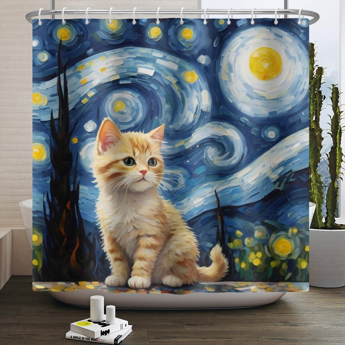 ASDCXZ Cat Shower Curtain 180 x 200 cm, Modern Abstract Art Blue Yellow Oil Painting Cute Cat Bath Washable Shower Curtains Polyester Textile