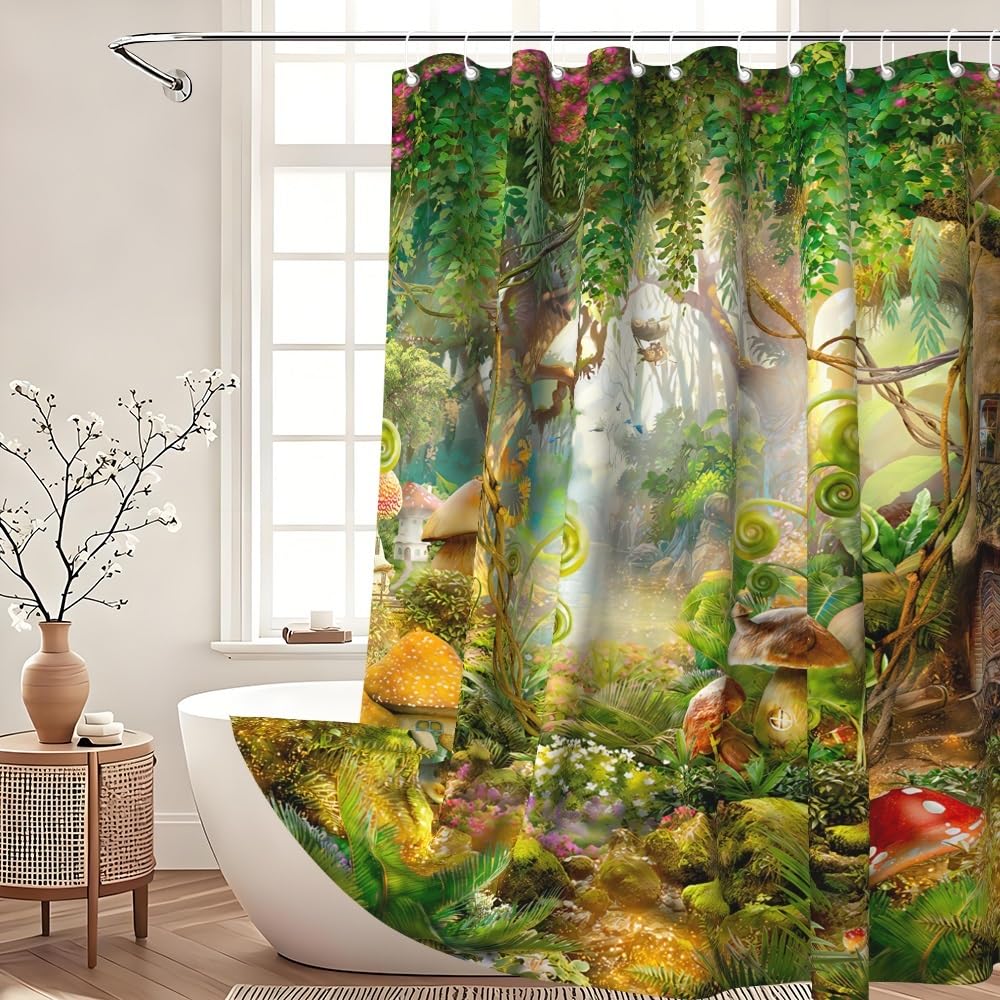Xiaoterna Fairy Tale Forest Shower Curtain Mushroom Green Tree Grass Bathroom Curtain Spring Magic Enchanted Forest Fantastic Jungle Shower Curtain