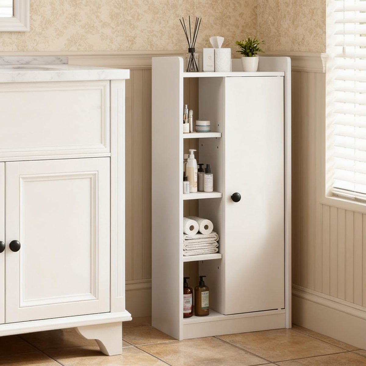 Feonase Bathroom Storage Cabinet, Slim Bathroom Storage Unit with 4 Open Storage Shelves, Adjustable Shelf & Magnetic Door