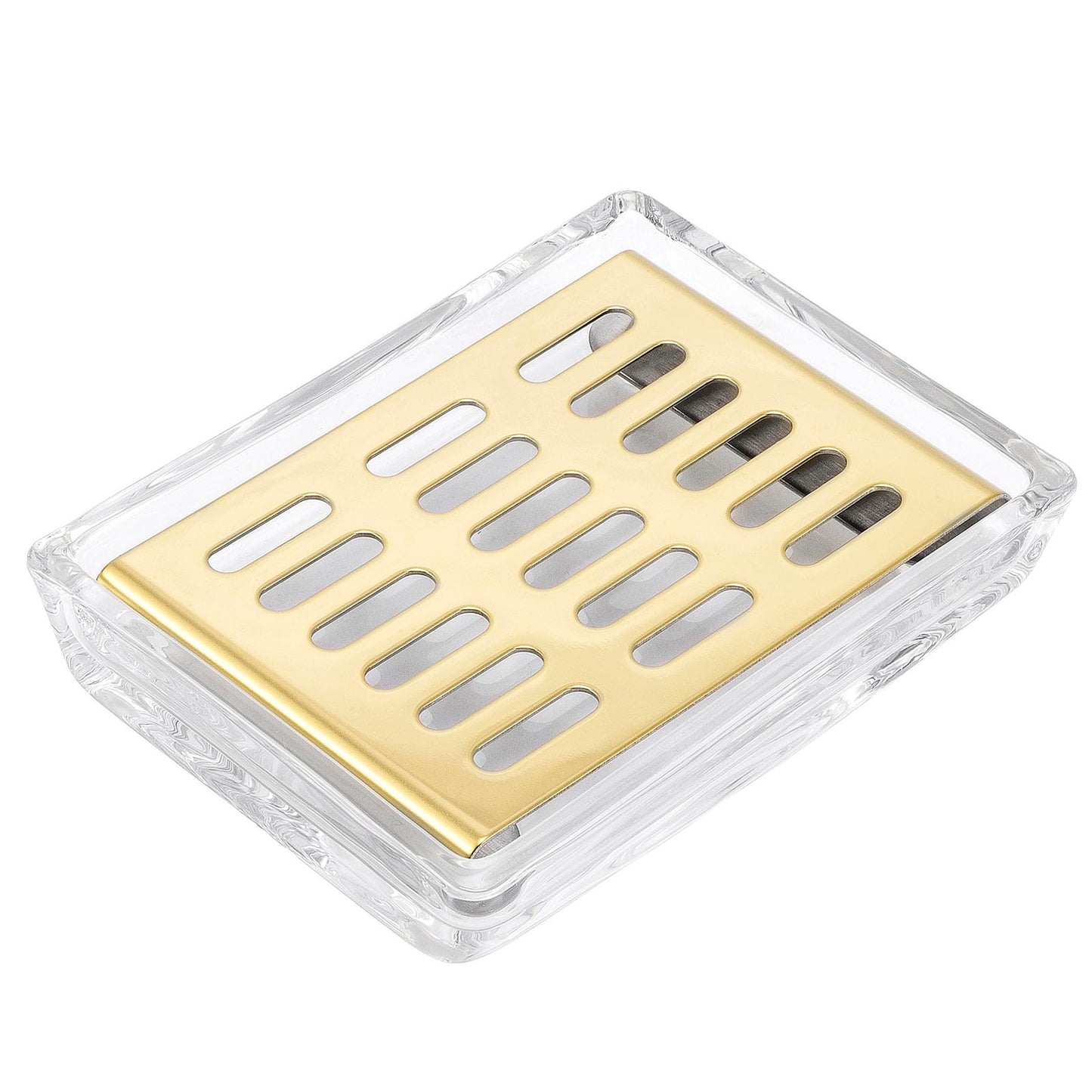 Glass Soap Dish (11.3 x 8.5 x 2.4cm) Stainless Steel Soap Holder for Bathroom and Shower Double Layer Draining Soap Box (Gold tray)