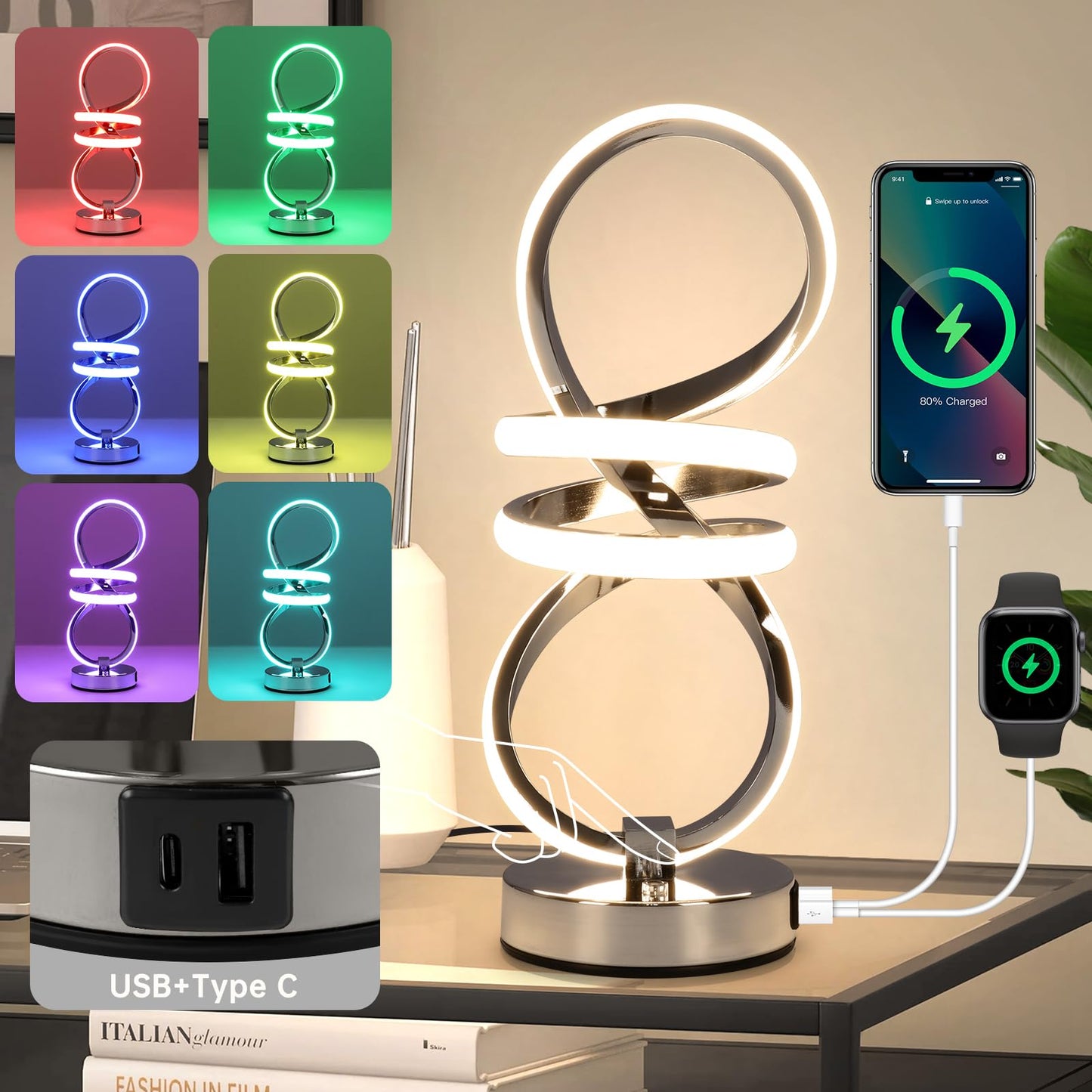 EIDISUNY RGB Bedside Table Lamp,Touch Control Dimmable Lamp with 6 Color Changing and 3 Levels Warm White,LED Modern Nightstand lamp with USB Ports,