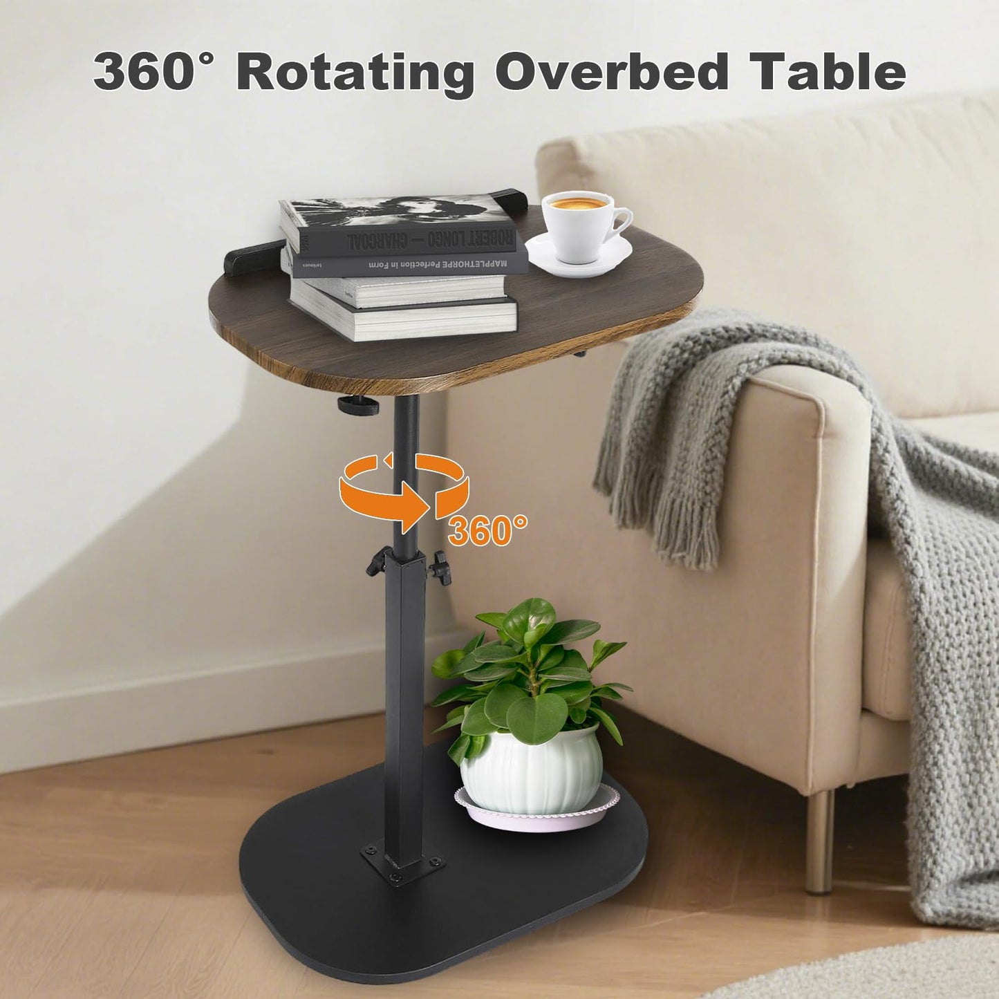 YYW Side Table TV Tray for Couch, Height Adjustable 360° Swivel Walnut