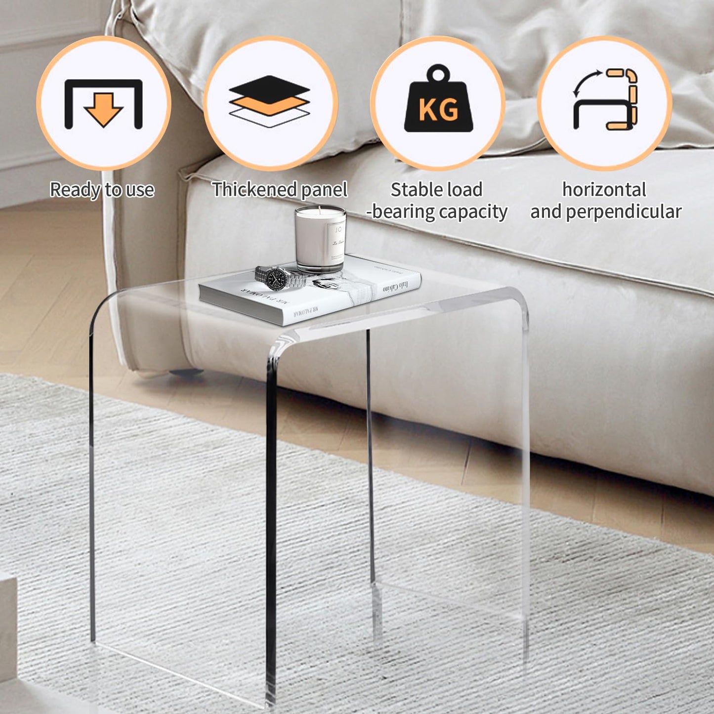 Clear Acrylic U Shaped End Table, Transparent Perspex Plastic Shower Stool, Stylish Modern Coffee Table with Rounded Edges
