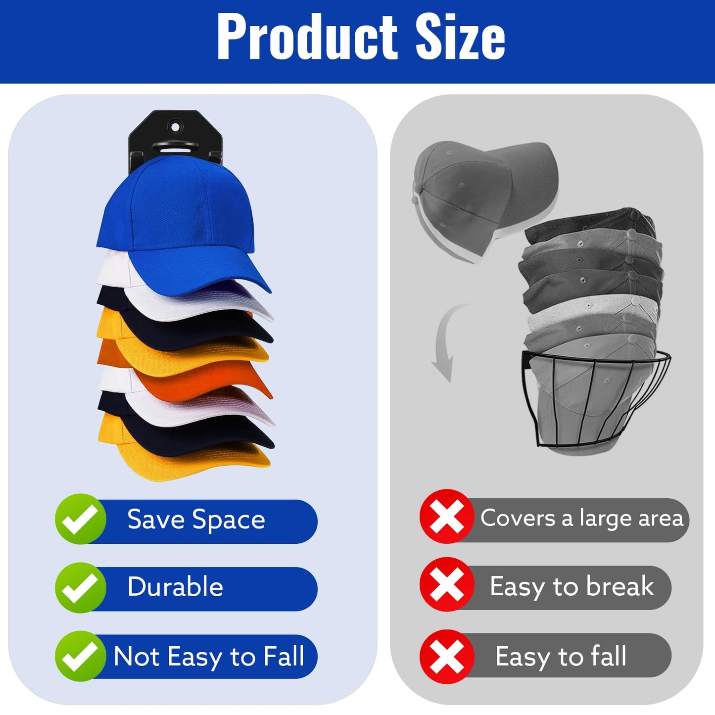 2 Pack Hat Organizer for Baseball Caps, Black Hats Racks Hooks for Wall