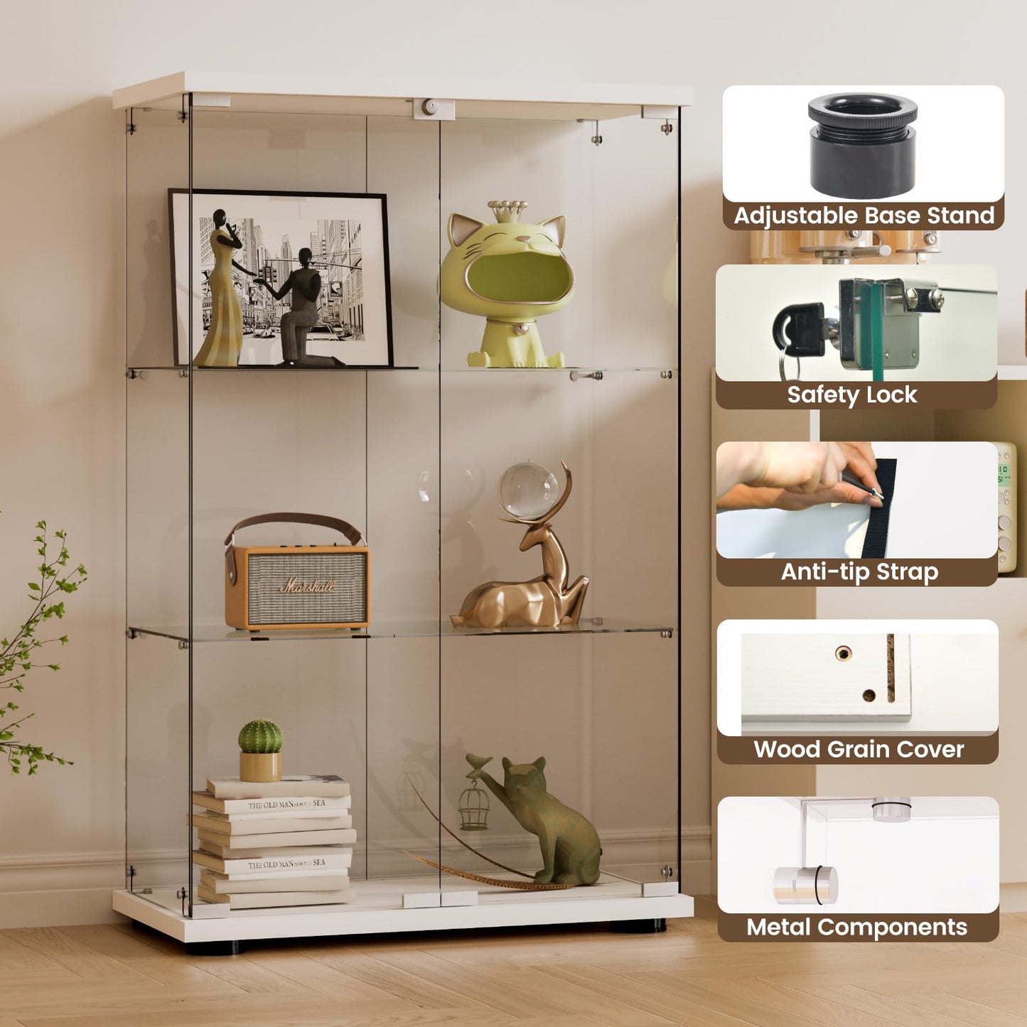 Beauty4U 3-Shelf Double Door Glass Display Cabinet, 125cm Tall, White