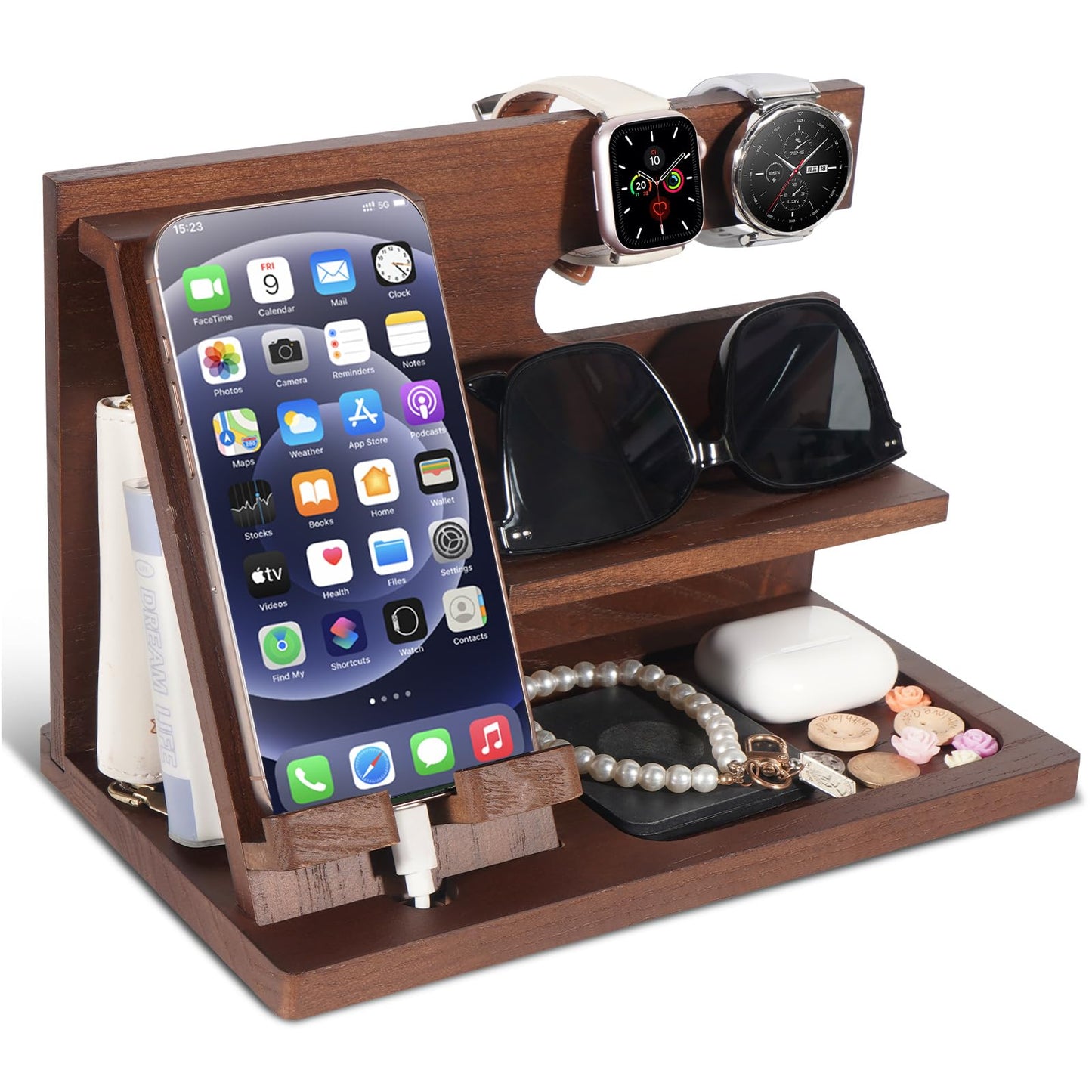 ELEVAT Gifts for Men Christmas Wood Phone Docking Station Desk Organizer Fathers Gifts Anniversary Birthday Gifts for him Xmas Presents for Men
