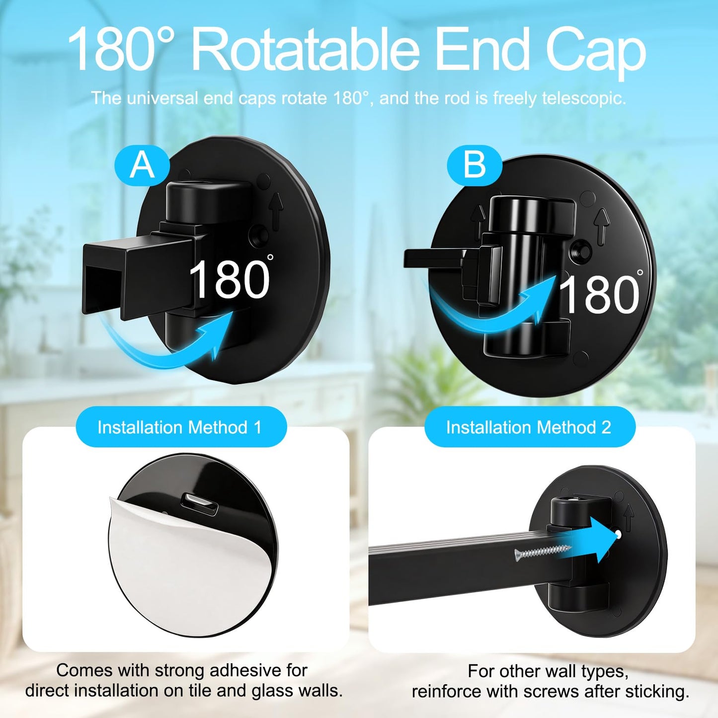 AuraCyzirine Black Shower Curtain pole90-160cm,180° Rotatable Ends,Dual Mount (Self-Adhesive/Screw),Shower Rail for Bathroom, Closet, Window