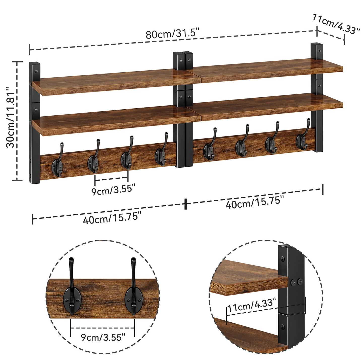 YMYNY 2-Tier Coat Hooks Wall Mounted with Shelf, Rustic Brown HWS009H-2