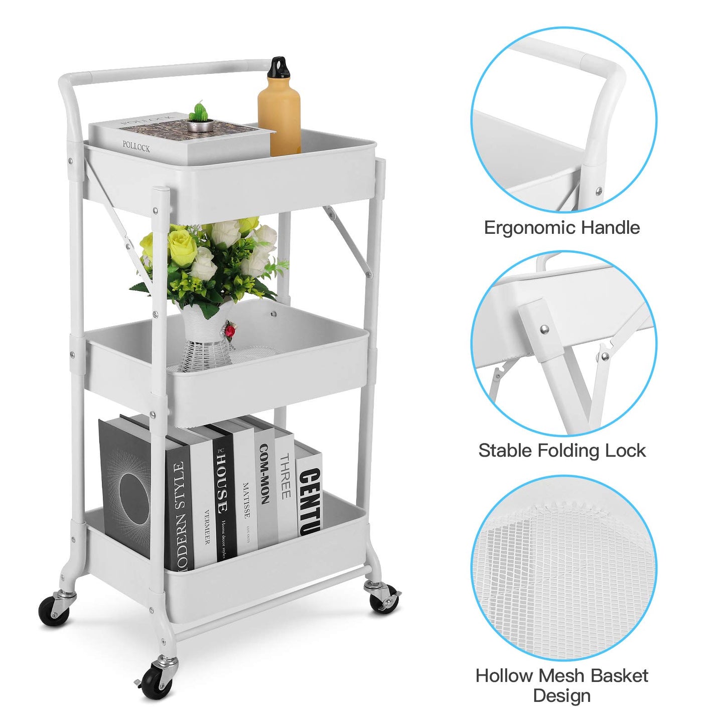 johgee Foldable 3 Tier Metal Utility Rolling Cart, Folding Mobile Multi-Function Storage Trolley Organizer Cart for Home Library