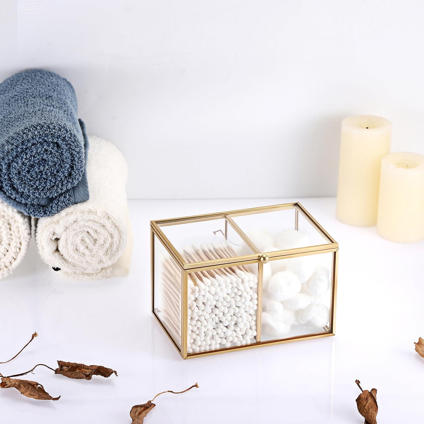 SUMTree Gold Glass Cotton Swab Holder with 2 Compartments, 14*9.5*9cm