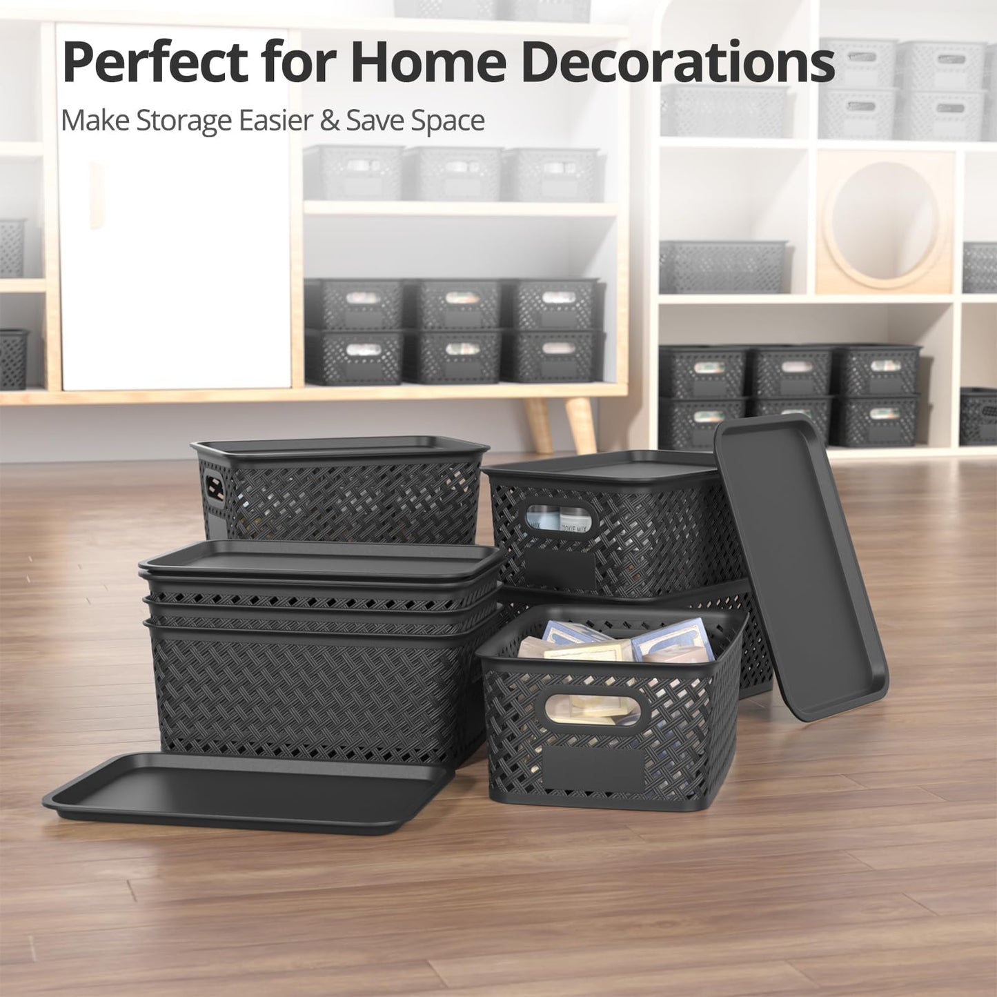 HapiLeap Plastic Storage Baskets With Lid Set of 6 Pack, Storage Boxes for Organizing