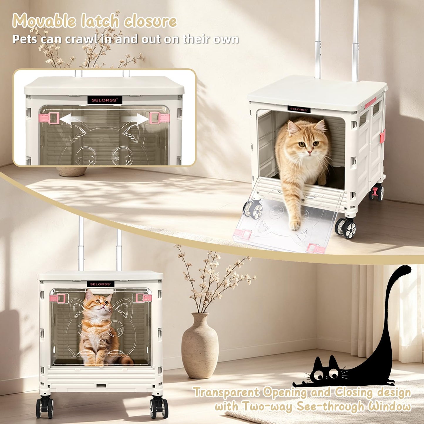 LexonElec x SELORSS BY16 Foldable Shopping Trolley on Wheels, Transparent Window Pet Stroller, Portable Wagons Carts