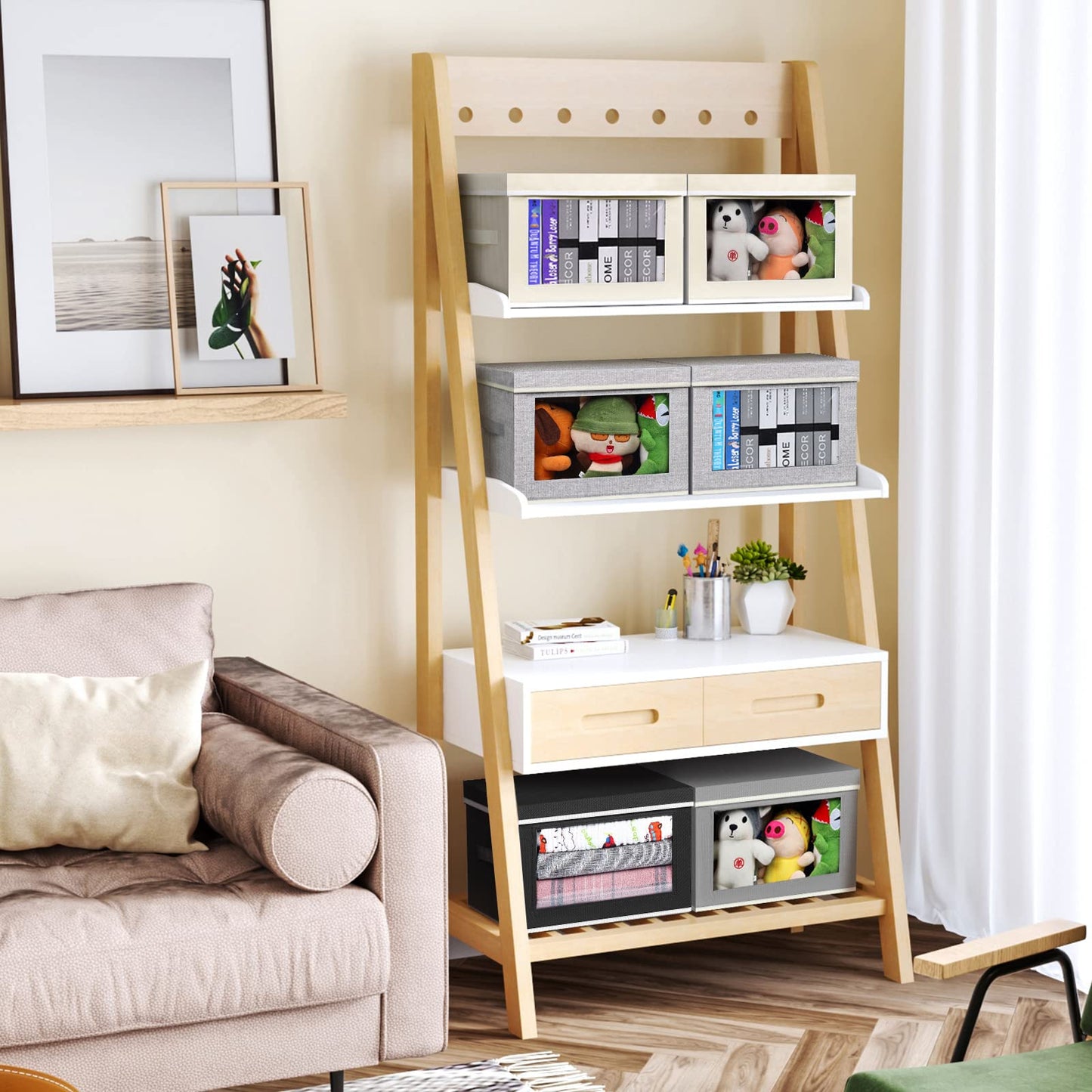 Homsorout 3 Pack Storage Boxes with Lids Foldable Storage Cubes with Transparent Window Fabric Storage Organiser Box for Toys, Clothes, Books